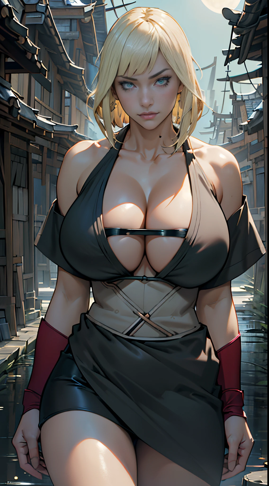 Masterwork, Best Quality, ultra-detailed, dynamic lighting, cinematic lighting, Gigantic boobs, nipples, huge cleavage, (huge titties, masterpiece, best quality, samui, black kimono, cleavage, vambraces, cowboy shot, looking at viewer, emotionless, perfect face, perfect round breasts, ninja village, moonlight, sexy body