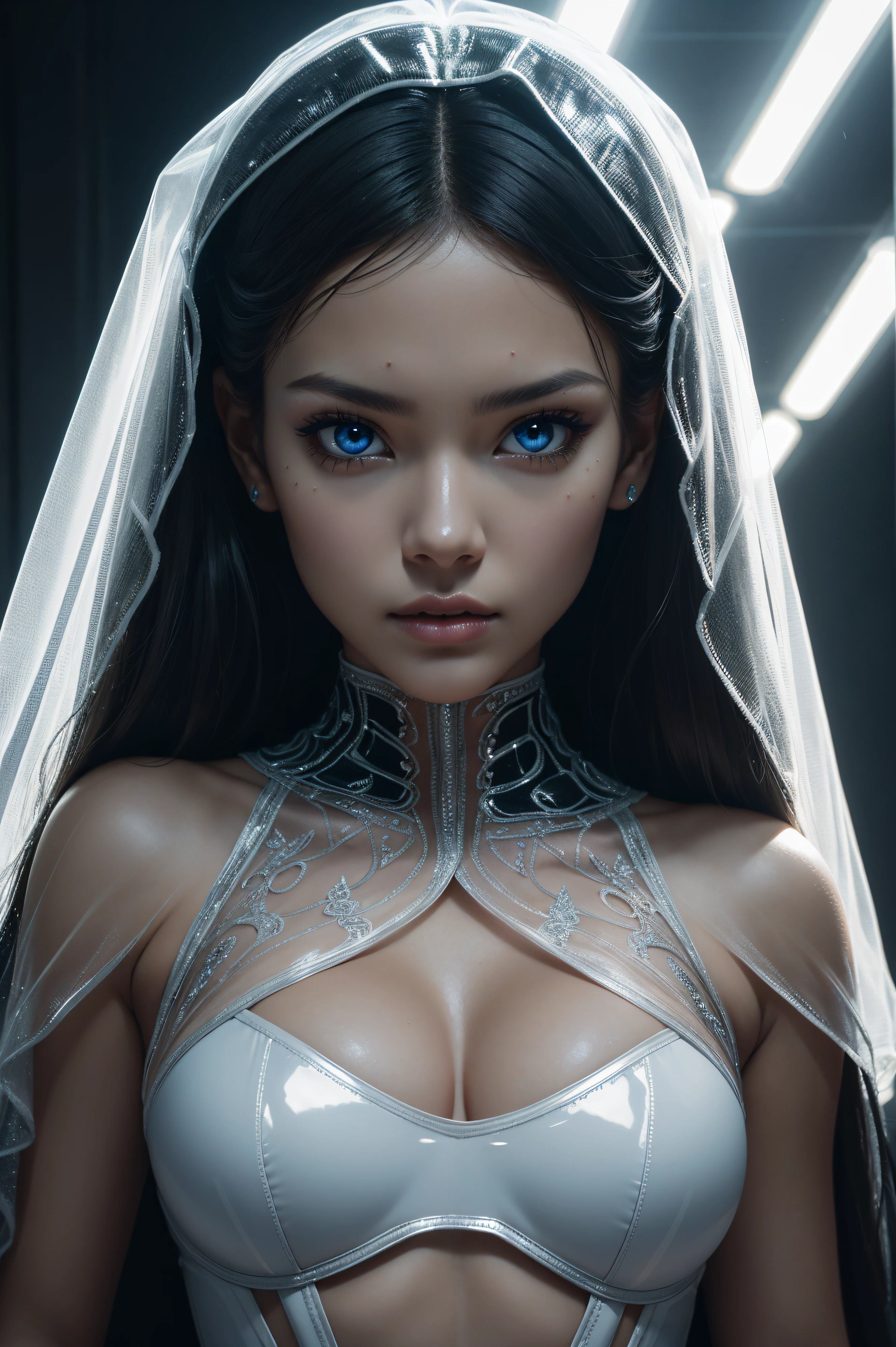 Olivia Rodrigo, wearing alien veil bride latex sexy clothes transparent. professionally retouched, soft lighting, realistic, smooth face, perfect eyes, sharp focus on eyes, 8 k, high definition, insanely detailed, intricate, elegant. in a alien background.