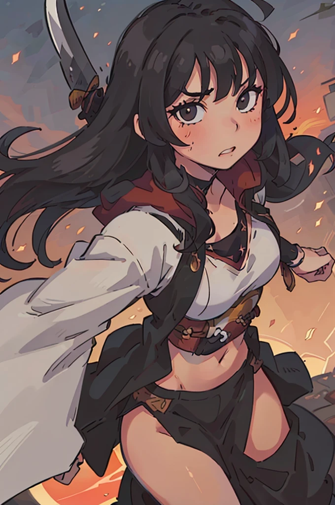 ((best quality)), ((masterpiece)), (detailed), perfect face, girl, warrior, sexy samurai armor, wielding katana, red-orange sunset, japanese garden, tan skin, midriff, ((long cloak)), ((long black hair)),