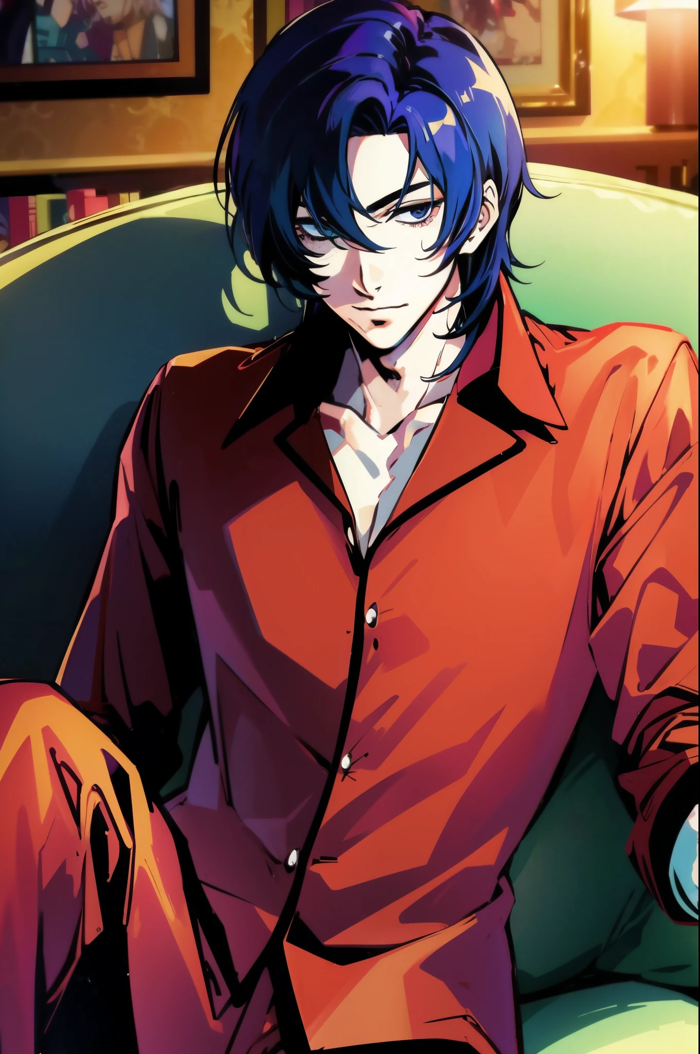 anime handsome man, plush sofa, Christmas pajamas, (best quality)), ((ultradetailed))
