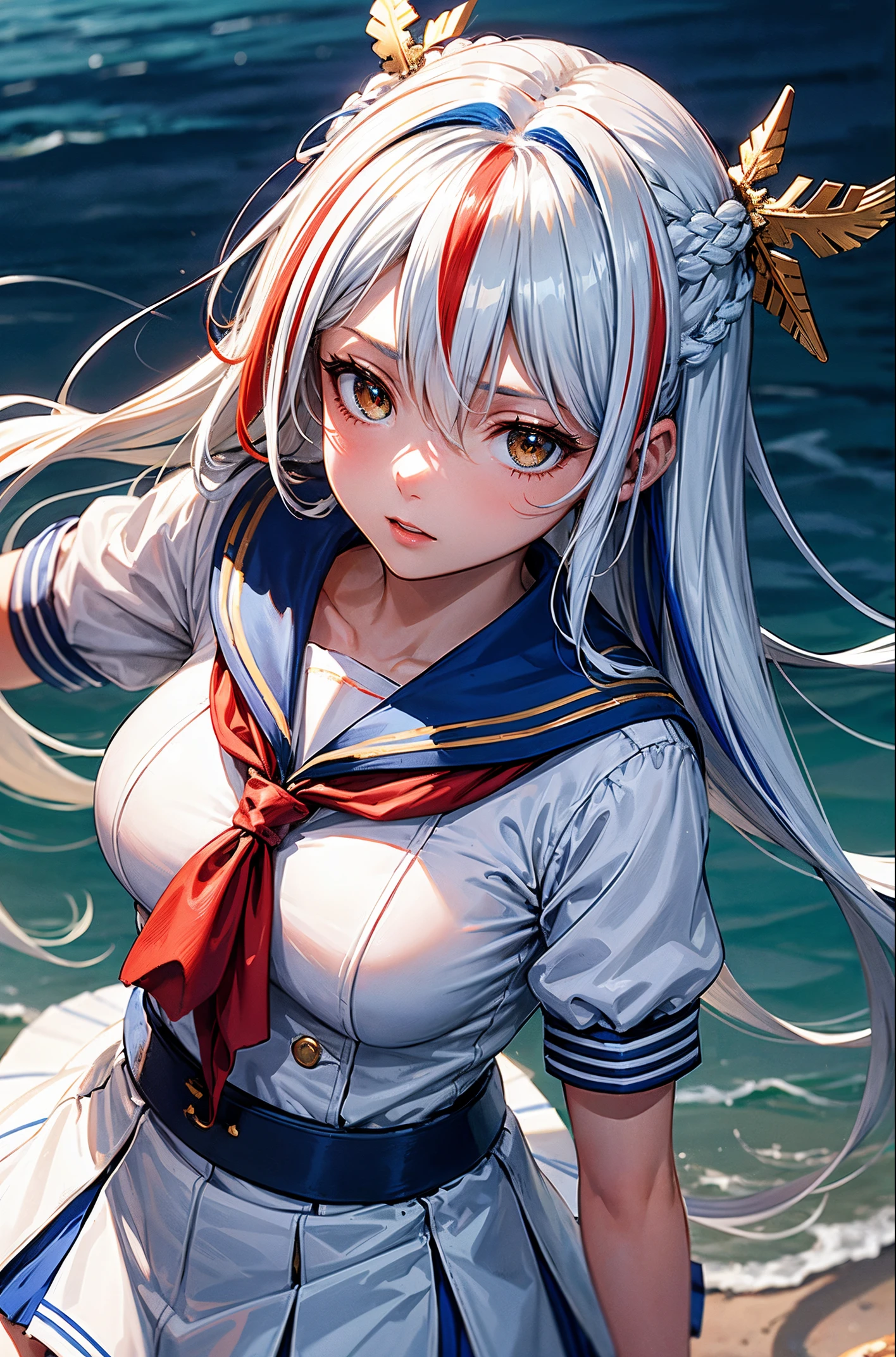 masutepiece++, Best Quality++, ultra-definition++, ultra-definition++, rey tracing, 4K or more++, 8K or more++, focus on background details )++,Young woman with golden laurel wreath, (((Ultramarine hair))), (((White dip dyed hair))), (((red streaked hair))),sailor,Sailor collar,White shirt, skirt by the,anchor,