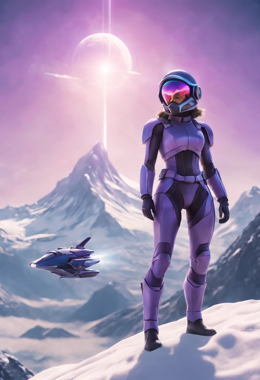 ultra high realistic, front lighting, intricate detail, two girl, spaceship, spaceship cocpit, science fiction, purple suit, futurist pilot helmet, snowy mountain peak background, anime, back light, big background, modern spaceship, warrior, warrior pose, katana, character in background, anime style, lighting