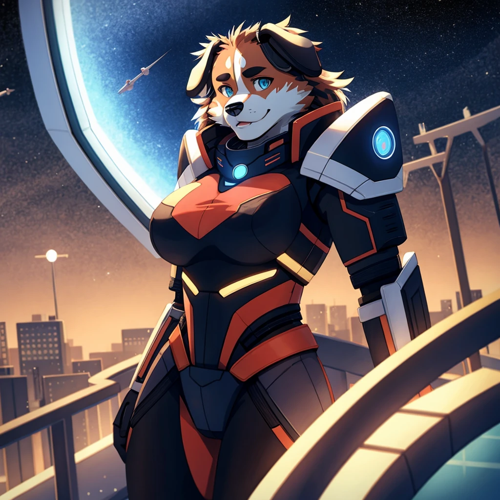 Saint Bernard, anthro, furry, female, feminine, spaceship bridge, Spaceship bridge, futuristic power armor, sci-fi, night time, voluptuous,