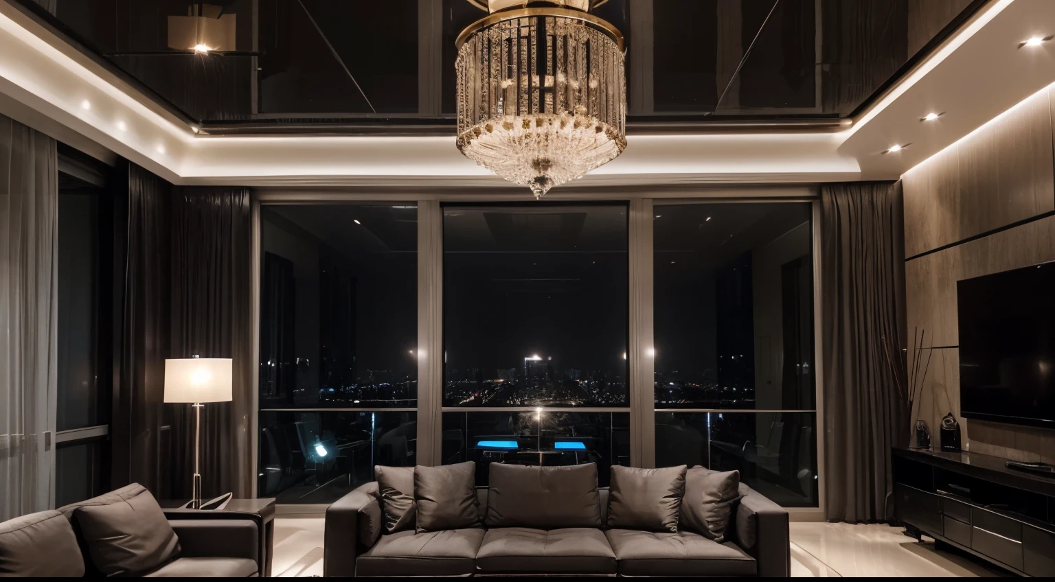 A double-height ceiling living room with a large floor-to-ceiling window on one side, luxurious high-rise apartment, . Outside is a dark city with a lot of skyscraper and car traffic in the distance . The living area is furnished with noble black golden tappish , contemporary sofas and chairs in neutral tones and steel elements, grouped around a low, central coffee table. The room's color palette is composed of dark grey and warm tones, with the soft lighting from various lamps adding a cold luxurious ambiance.