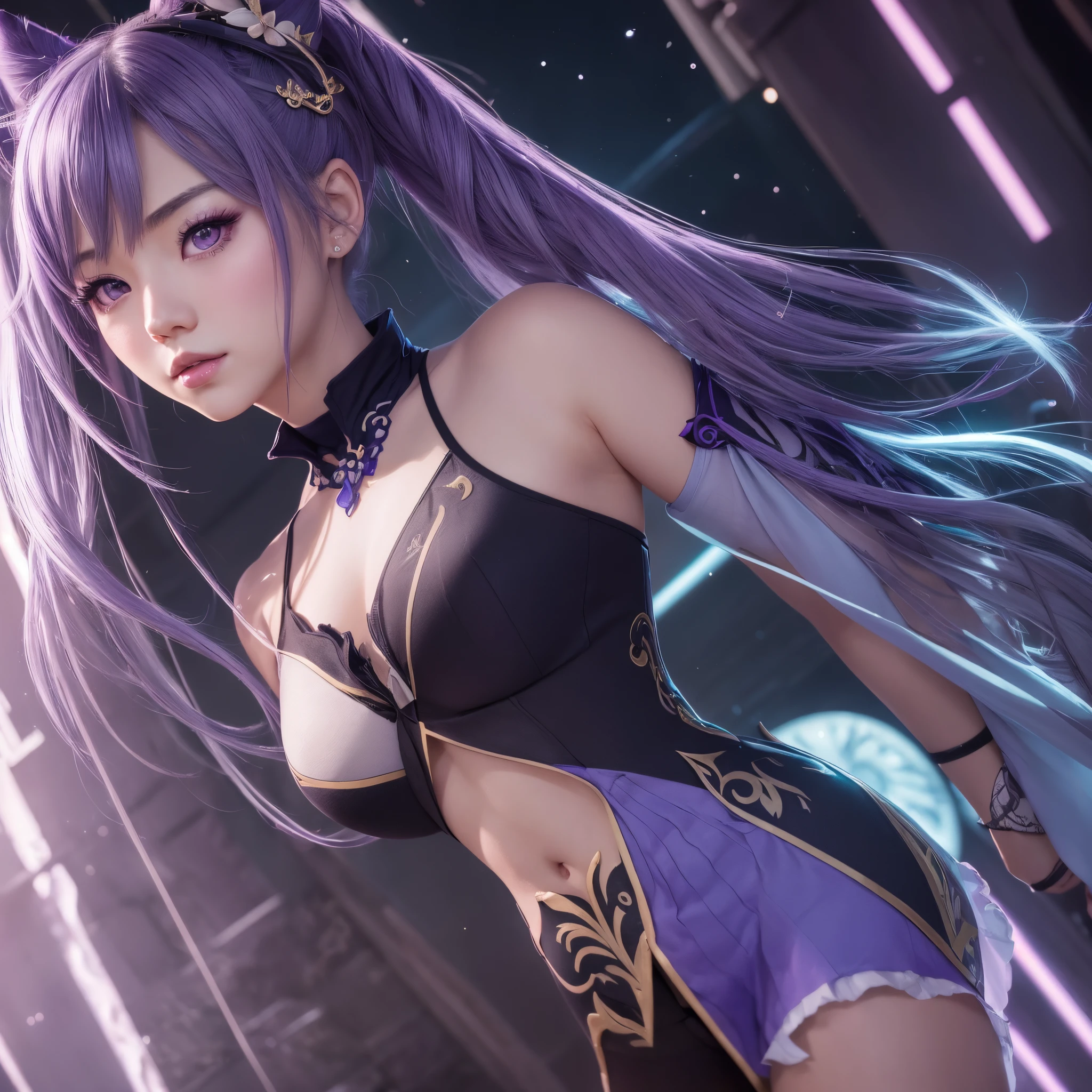 1girl，kai'sa，league of legend，Kasha，KDA,Purple wings，deep purple hair，Purple eye，The expression of glare，looking at viewert，from back，（dynamicposes），(Wings of the Void)，arma，tmasterpiece，tmasterpiece， High- sharpness， high high quality， Detailed face， detailed body render，Beds， Sleeveless shirt， ， Dark lips， exhibitionism，No bras， breasts out， Be red in the face，Full body photo，Orgasmic face，Mouth open，The tongue is pulled out ，cross-eye