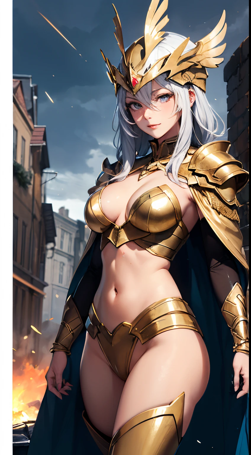 ((Best quality at best)), ((tmasterpiece)), (Detailed pubic hair), s the perfect face,She has a goddess-like face, delicate skin, perfect figure, rich details, gold helmet, silver armor, and gold-plated aegis, just like a female warrior; purple-red cloak, golden eagle-wing helmet, majestic, battle scenes, Kill enemies on the battlefield, magic, violent storms
