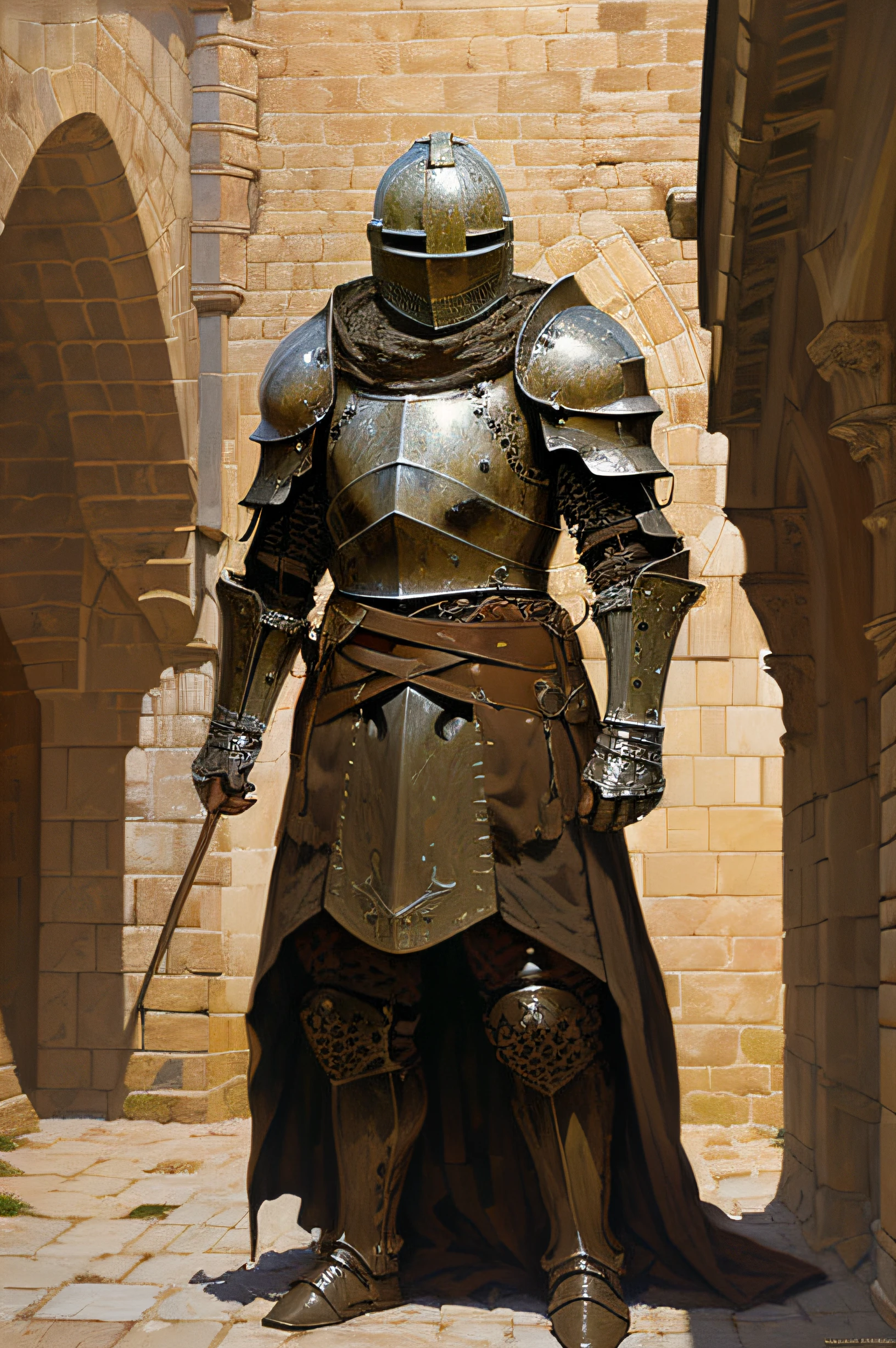 masterpiece, best quality,,square shaped knight. Dressed in realistic full armor , helmet, castle, medieval, brown theme, (oil painting), bearly