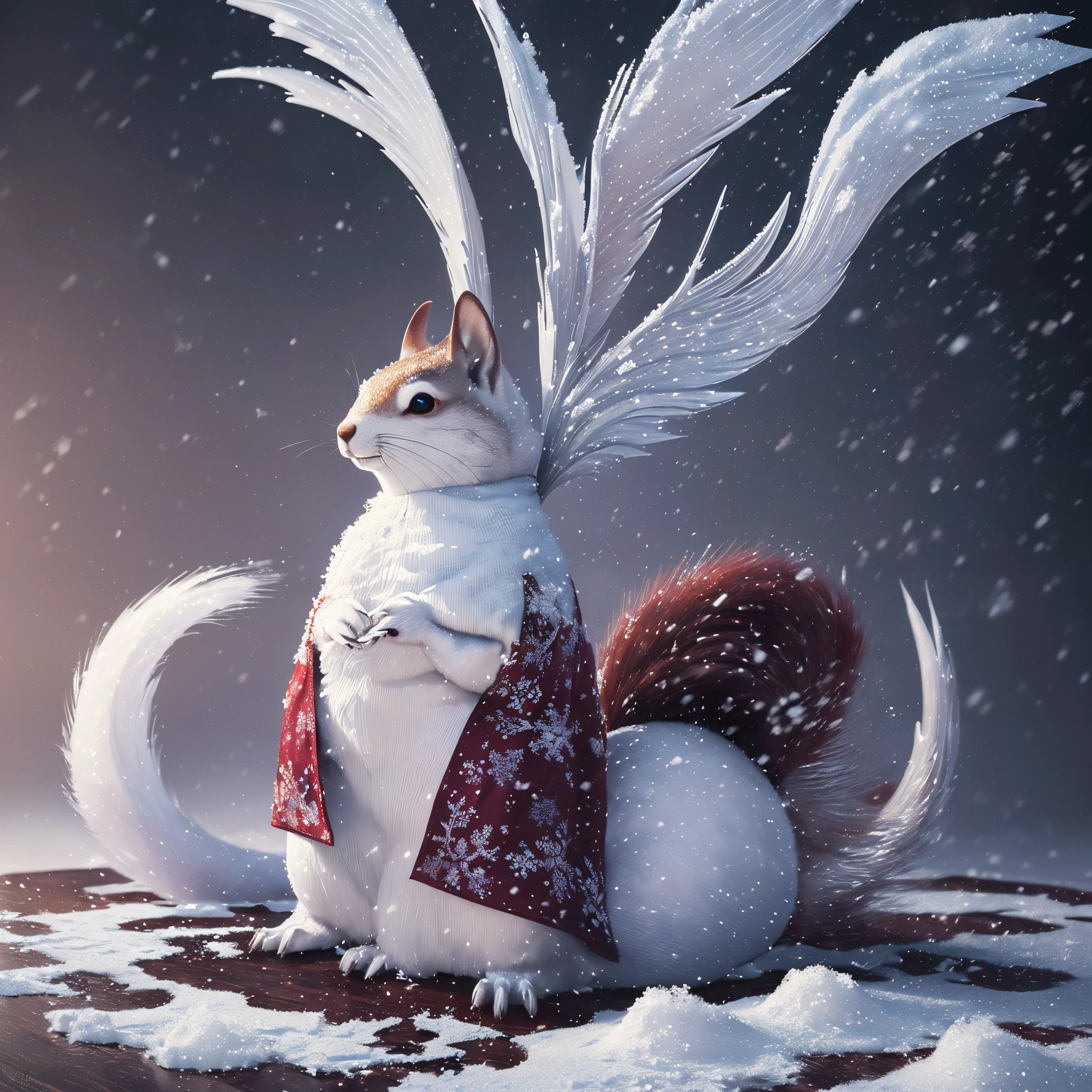 (snow art, snow theme:1.4), Winters, big squirrel, dreamy fantasy art, rococo art style, burgundy color, plum, dove, (best composition), ultra wide-angle, Octane Render, Enhance, Convoluted, (Best Quality, masutepiece, master piece, Official art, Professional, Unity 8k壁纸:1.3)