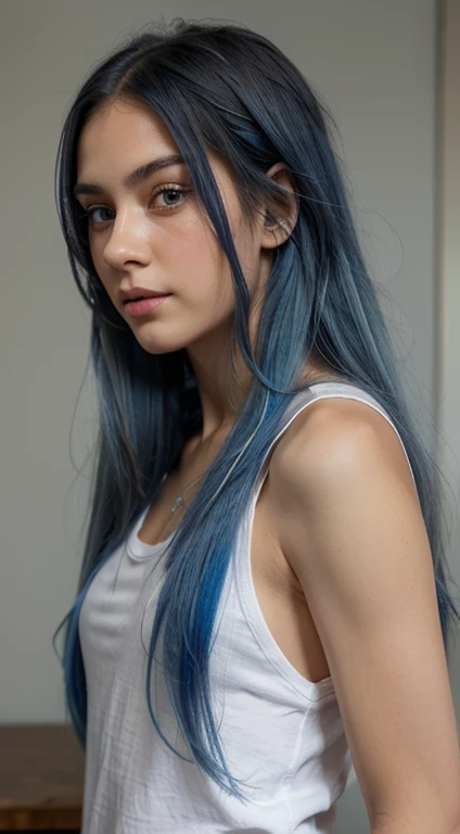 best quality, ultra reflections, ultra detailed, photorealistic, portrait, realistic colors, long blurry blue hair, beautiful detailed eyes, beautiful detailed lips, confident posture, casual posture, casual posture, casual,