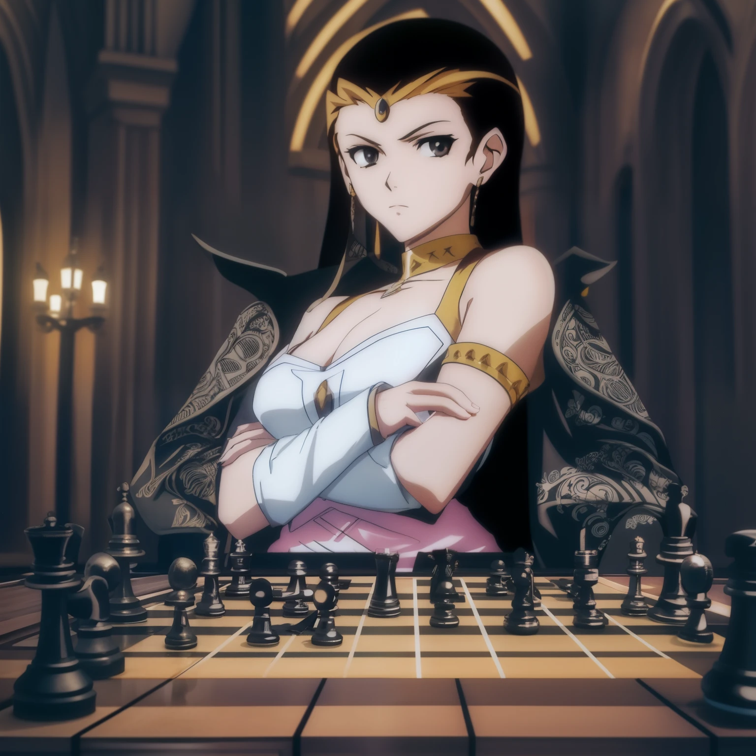 Girl with arms crossed playing chess