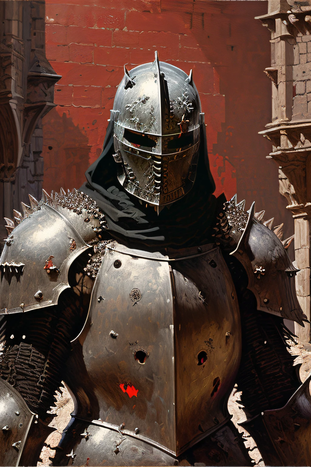 masterpiece, best quality,, black square shaped knight. Dressed in realistic spiky plate square armor , helmet, castle, medieval, dark and blood theme, (oil painting), bearly