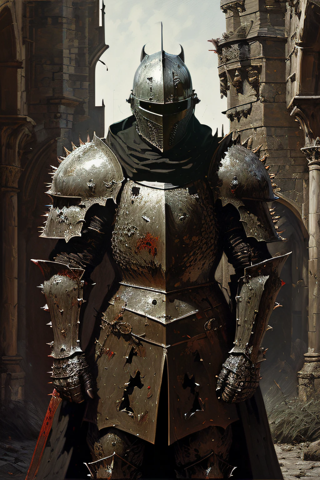 masterpiece, best quality,, black square shaped knight. Dressed in realistic spiky plate square armor , helmet, castle, medieval, dark and blood theme, (oil painting), bearly