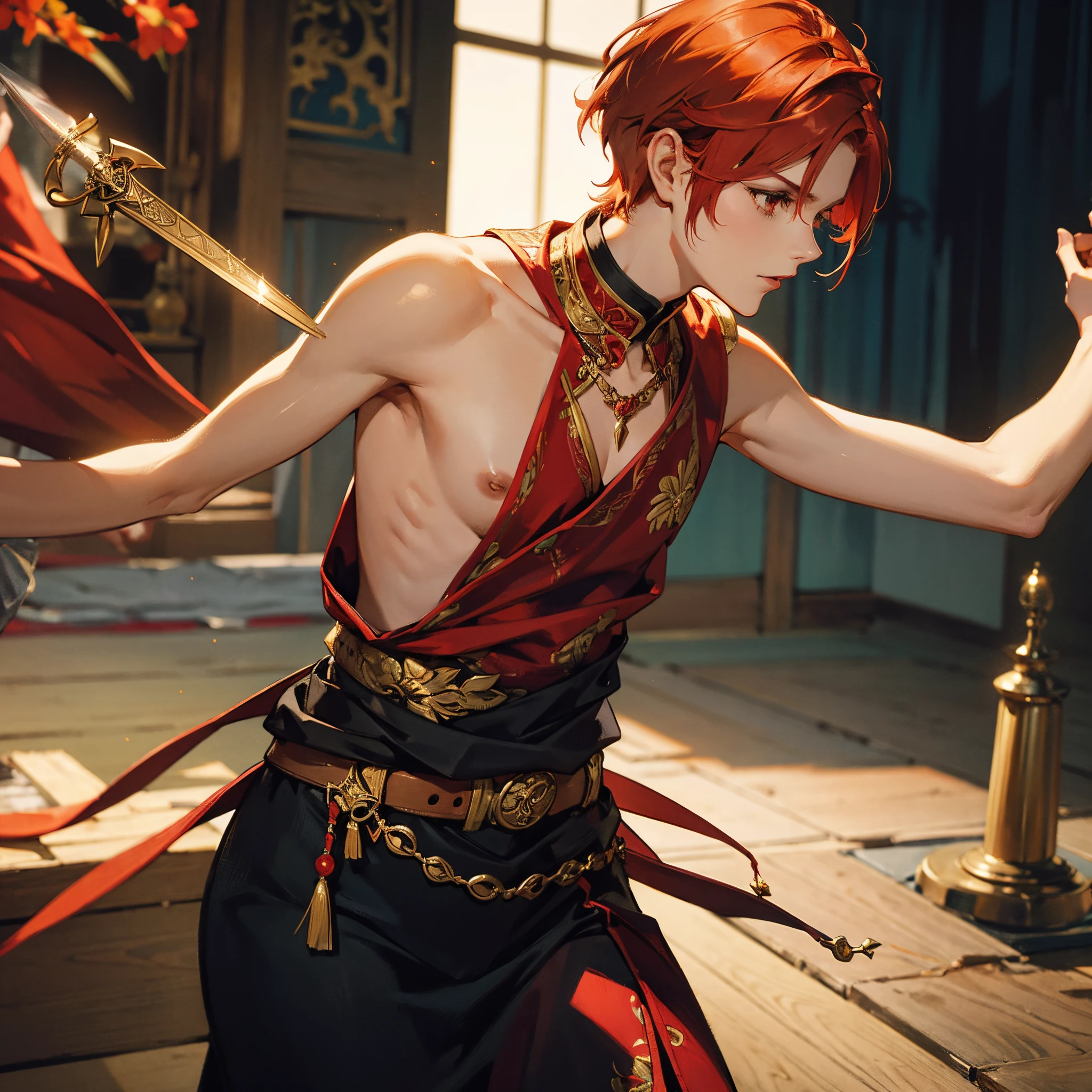 • Head:
• The character has a youthful, slightly angular face with soft yet defined features, giving him an approachable and gentle look.
• His hair is a vibrant reddish-orange, long and straight, with some strands framing his face while the majority is tied back into a low ponytail.
• The bangs are long and fall across his forehead, partially covering his eyes, adding to his mysterious and somewhat serene expression.
• His eyes are large, expressive, and a striking blue color, giving him a look of deep thoughtfulness and inner strength.
• A distinct, cross-shaped scar is present on his left cheek, adding an element of past conflict or hardship to his otherwise gentle appearance.
• His expression is calm, with a slight, knowing smile that suggests both kindness and experience.
• Upper Body:
• The character is dressed in a traditional Japanese kimono, specifically a red gi, which is loose-fitting and flows elegantly around his body.
• He wears the kimono in a casual yet orderly manner, with the front slightly open to reveal a bit of his chest.
• A katana (Japanese sword) is slung over his left shoulder, with the hilt visible above his shoulder, indicating he is a skilled swordsman. The sword is held casually but securely, suggesting readiness without aggression.
• Pose:
• The character is turned slightly to the side, with his left hand resting on the hilt of his katana, which is slung over his shoulder.
• His stance is relaxed yet alert, reflecting both his calm demeanor and his readiness for action if necessary.
Simple Background, Anatomically correct,