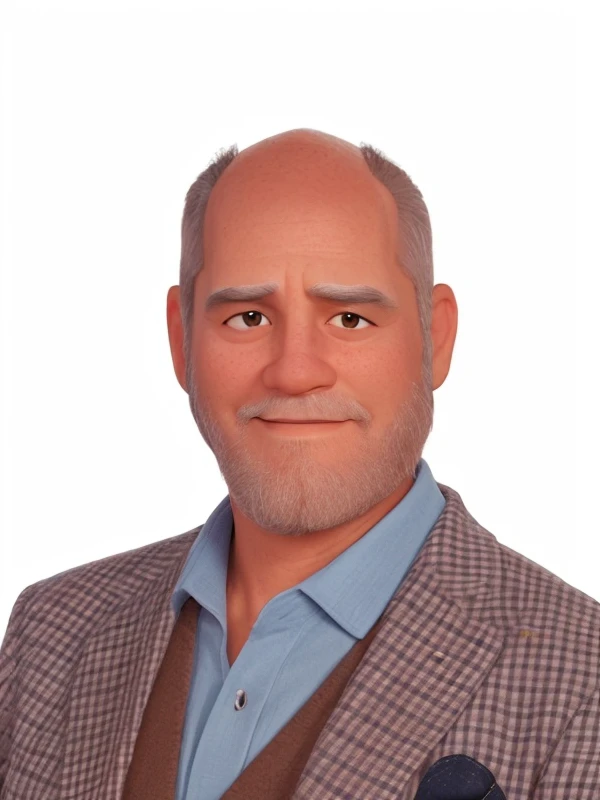 Fifty-nine year old bald man, con pelo gris y barba rala, canoso. Estilo Pixart.