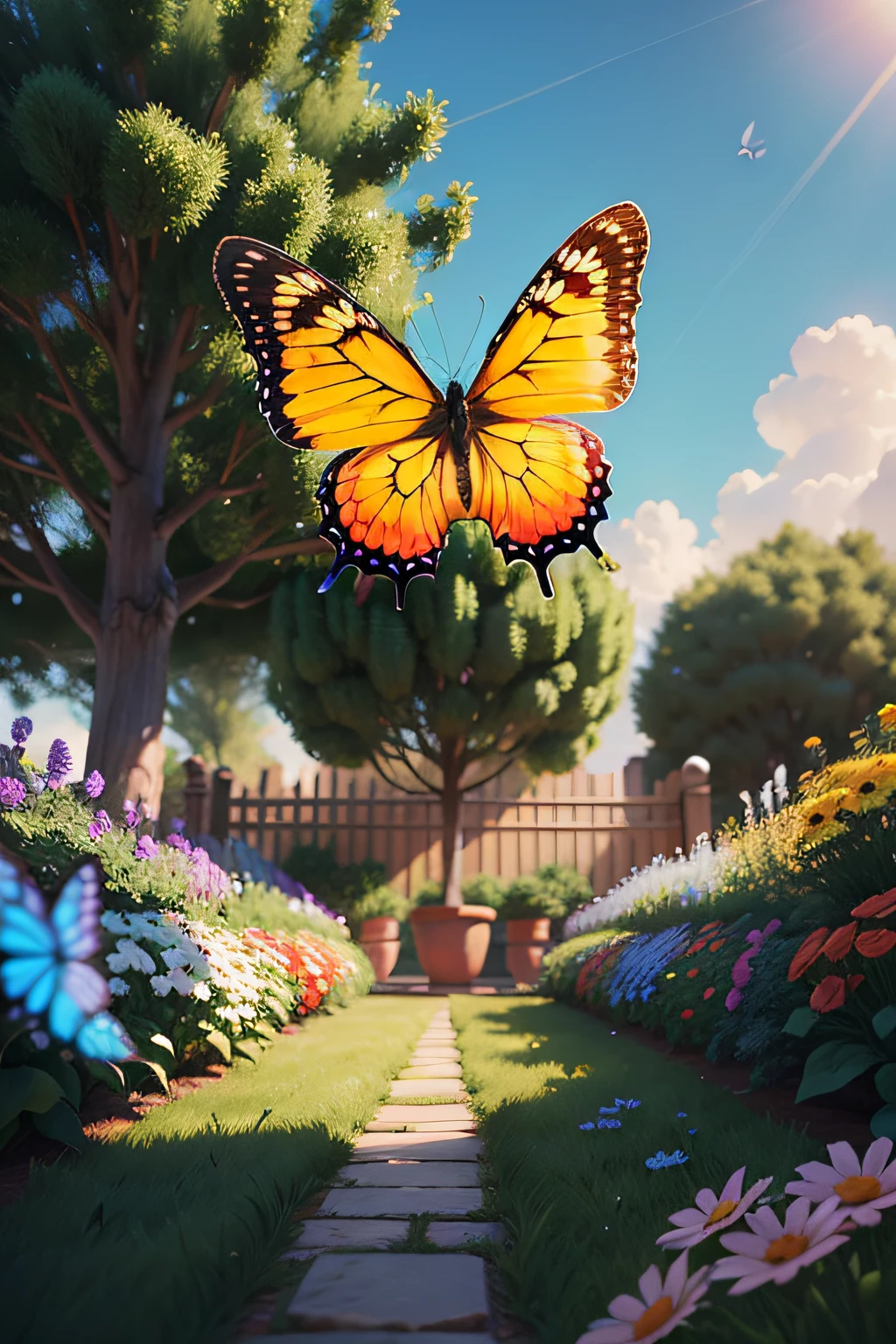 Create a Disney Pixar-style 3D 8K movie poster featuring a garden with flying butterflies