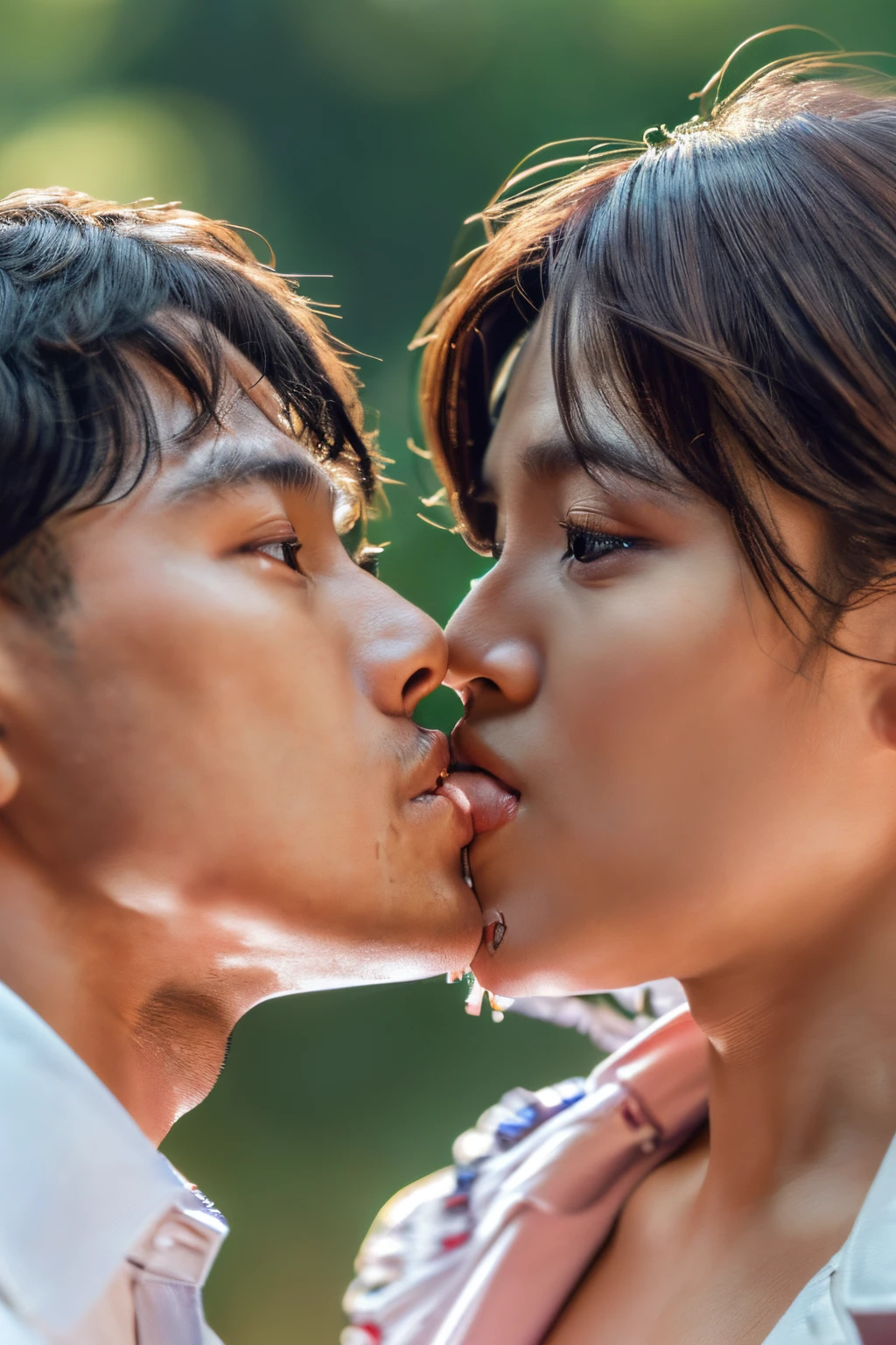 in 8K、超A high resolution、Best Quality、masutepiece)、((((woman with amazing sexy lips)))、((((A man kissing his lips))))、((((A woman with a very developed lower lip 1))))
