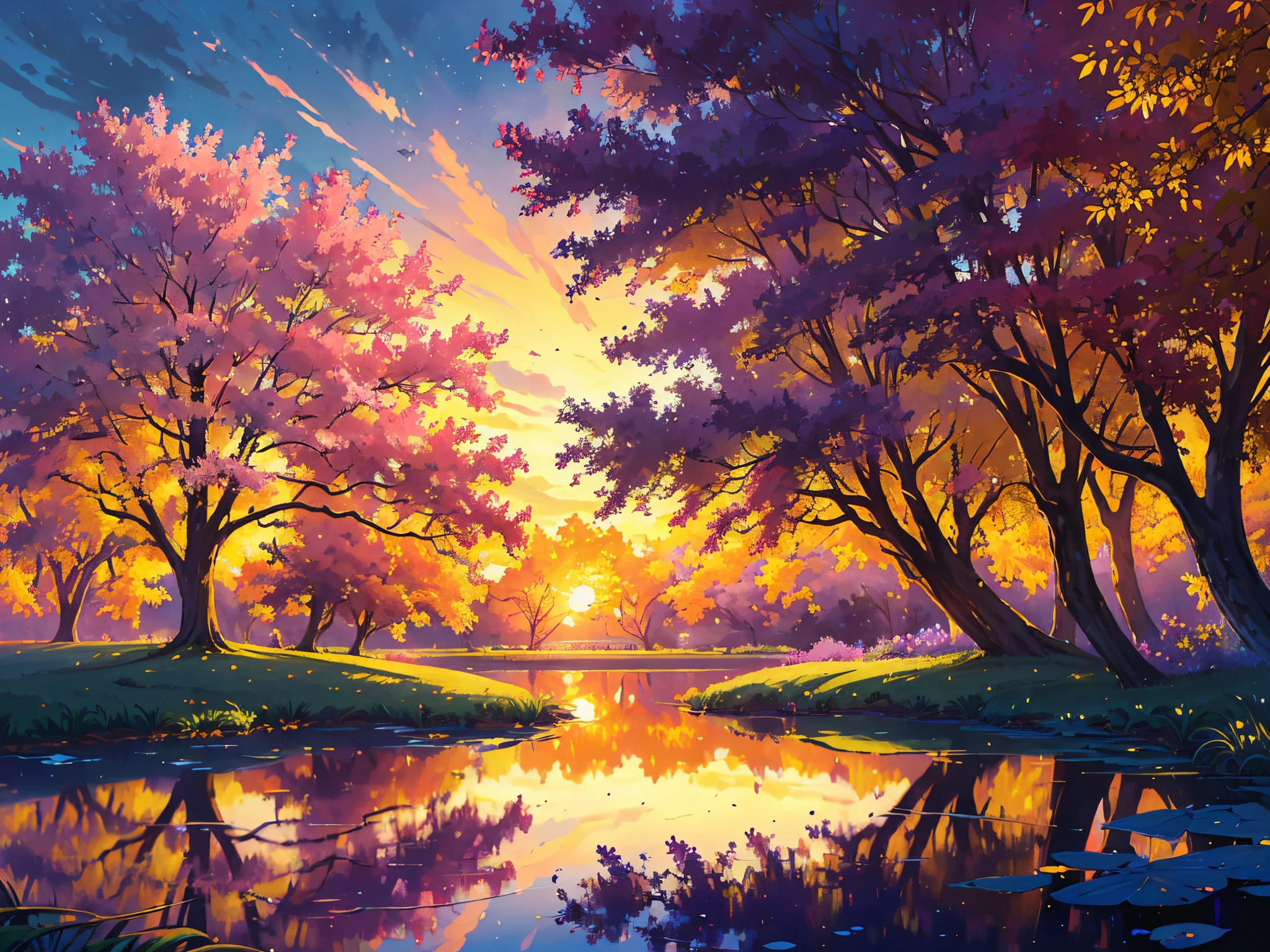 (best quality,4k,8k,highres,masterpiece:1.2),ultra-detailed,(realistic,photorealistic,photo-realistic:1.37),sunset,illustration,oil painting,beautifully detailed scene,vibrant colors,soft lavender sky,orange,red,yellow,lilac,purple,green,blue,scenic garden with flourishing flowers,serene atmosphere,gentle breeze,birds flying freely,majestic trees standing tall,sun slowly setting on the horizon,captivating view of nature,tranquil reflection in a small pond,colorful rays of sunlight shining through the leaves,golden sunlight casting a warm glow,peaceful and serene mood,magical harmony of colors,unforgettable and mesmerizing scenery