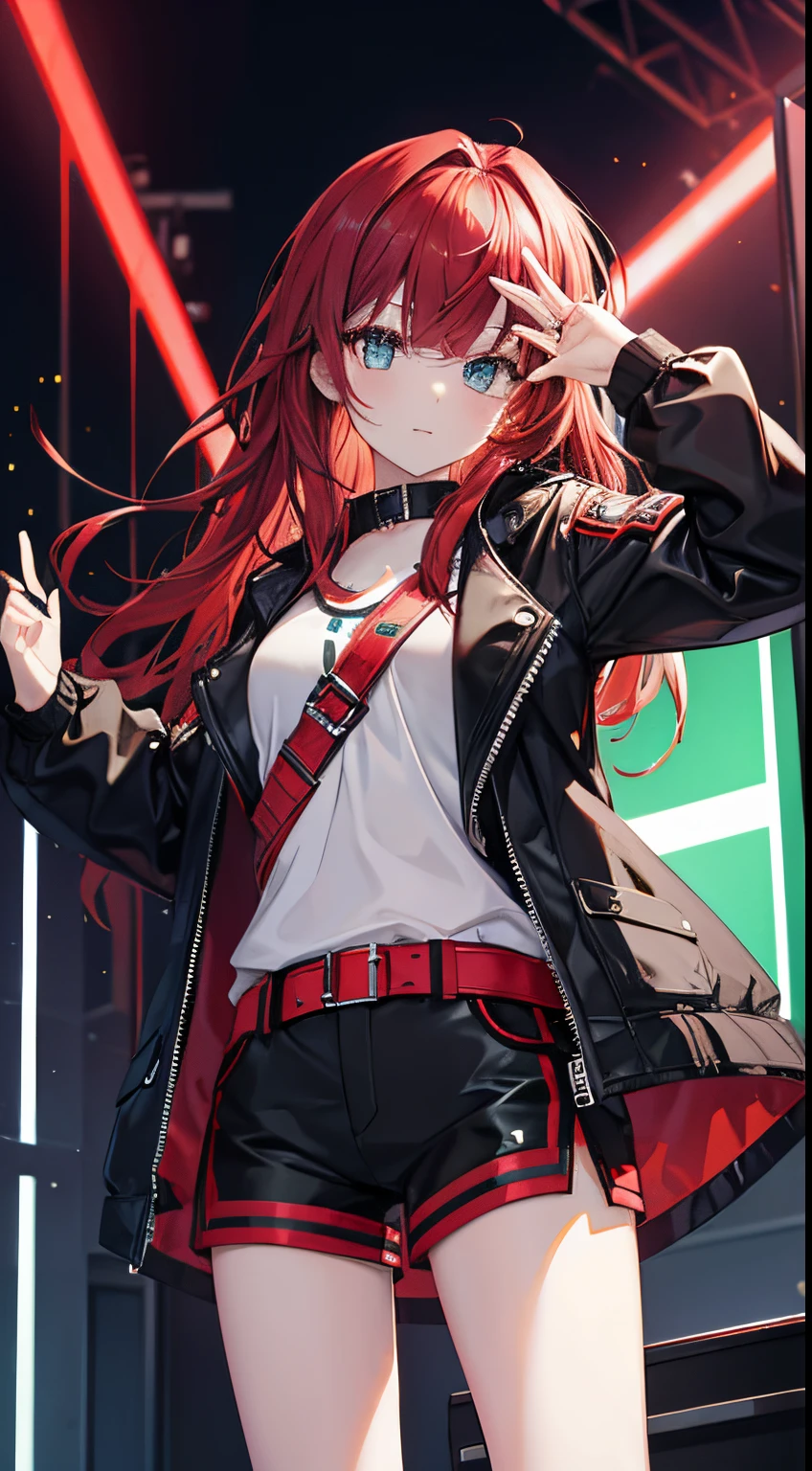 Eyes detailed,fully body photo,one-girl,dark red colored hair,shiny jacket,shiny green shorts,黑The eye,(Play electronic keyboard),Superior image quality,Best quality