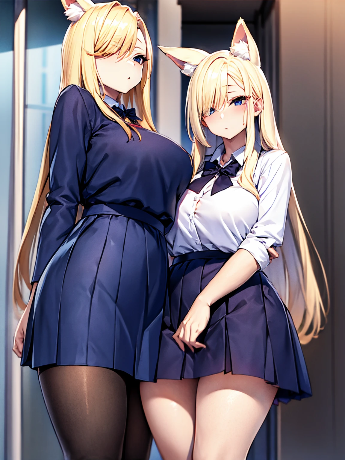 Huge breasts:1.5、Fox ears、a blond、Longhaire、Long hair、One eye is hidden by hair、Right eye is hidden by hair、Schoolgirl Uniform、School Uniforms、 I can see the cleavage、Black stockings、Schools、Classroom、Open the chest button、AHE Face、get blush、to stand、Twisting the skirt、Black underwear、masks