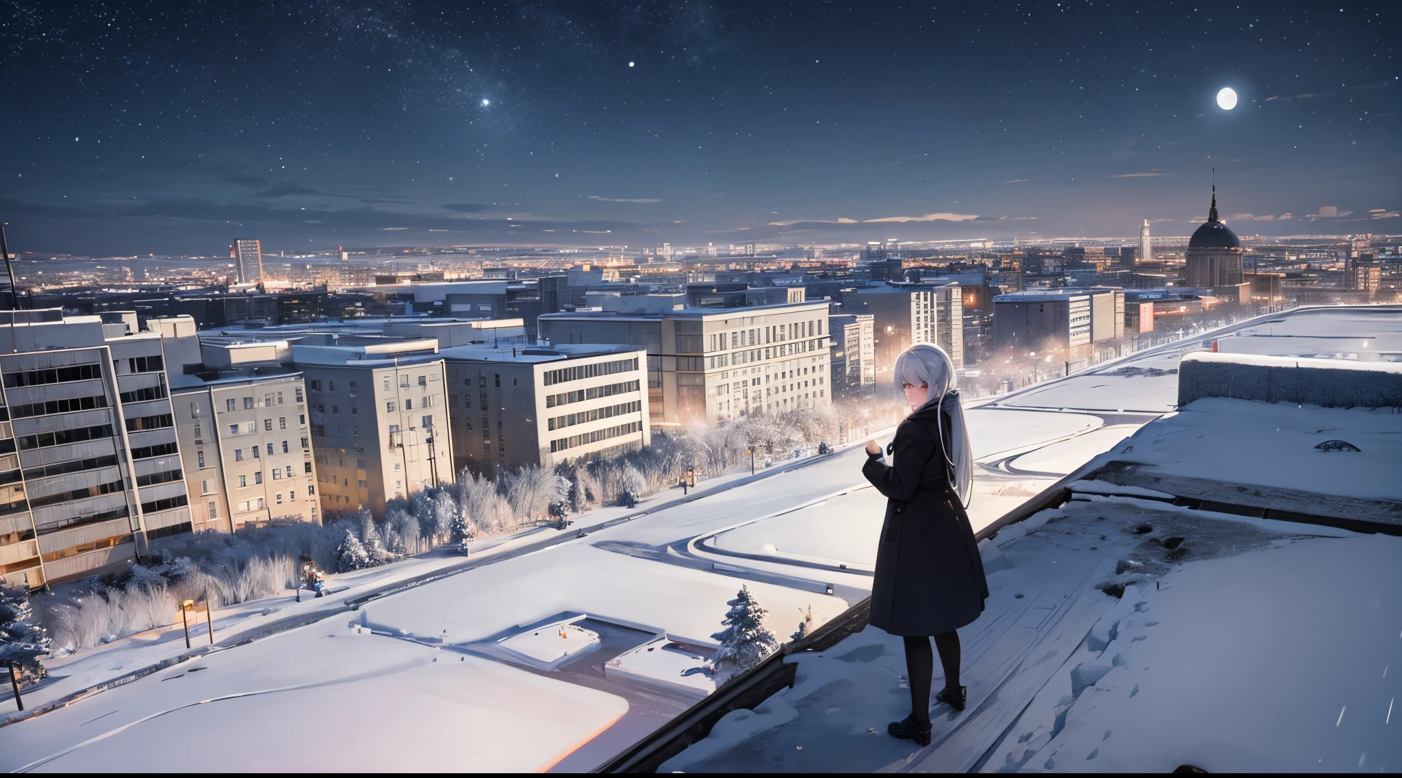 Post-Soviet Realistic Landscape, Snow, Gray Tones, Khrushchev Buildings, Night, Stars In The Sky, Moon In The Sky, Female Anime Character standing on the roof, white hair, cute face, red eyes, from above