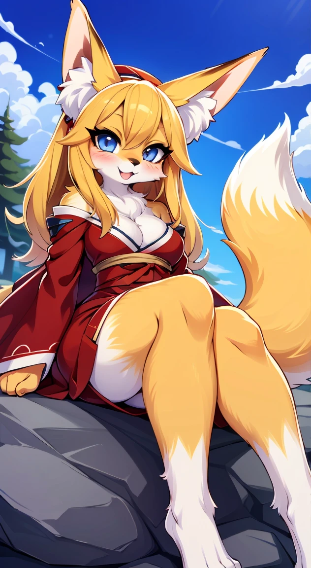 Fox in a red dress laying on a rock, kemono, ahri, fox nobushi, nekomimi, onmyoji, shikamimi, kitsune, commission for high res, pov furry art, furry anime, very very beautiful furry art, a beautiful kitsune woman, furry art!!!, ahri from league of legends