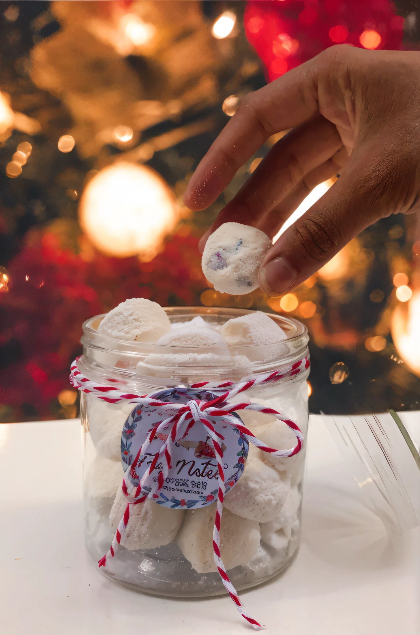 someone is putting a cookie with powdered milk in a jar with a red and white ribbon, delicioso, aconchegante, Marshmallows, foto do produto em close-up, festivo, quente, Dreamscape em um frasco, globo de neve, caseiro, assunto completo mostrado na foto, globo de neve, Lush, holiday season, sonhador, Foto completa do produto, !!Concedido!!, feriado, product introduction photo