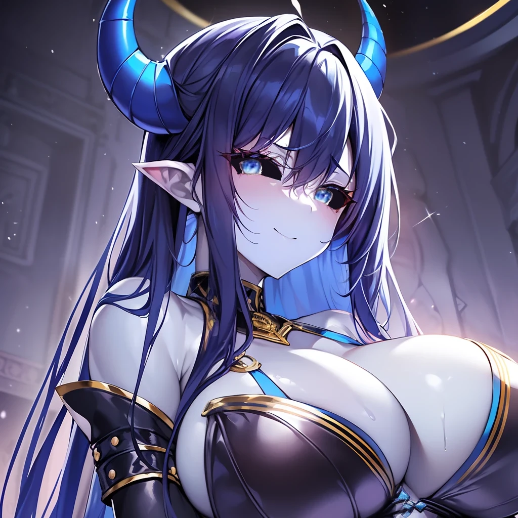 anime - imagem estilo de uma mulher sexy com chifres e seios grandes, Artgerm extremamente detalhado, escamas azuis cobrindo seu peito, anime sedutora, biomechanical oppai, deusa anime, Meninamadura, trending on artstation pixiv, 8k arte detalhada de alta qualidade, Seios cobertos e SFW, arte oficial altamente detalhada, Keqing de Genshin Impact