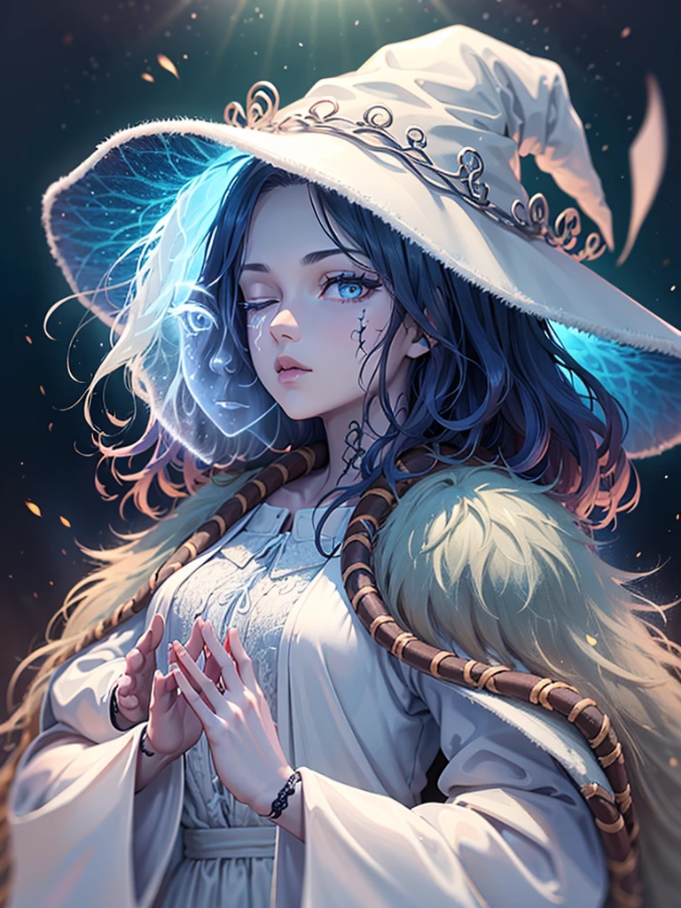 masterpiece, extremely detailed, 8k quality, Ranni from elden ring, four arms, beautiful, one eye, blue skin, white witch hat, white robe, fur cloak