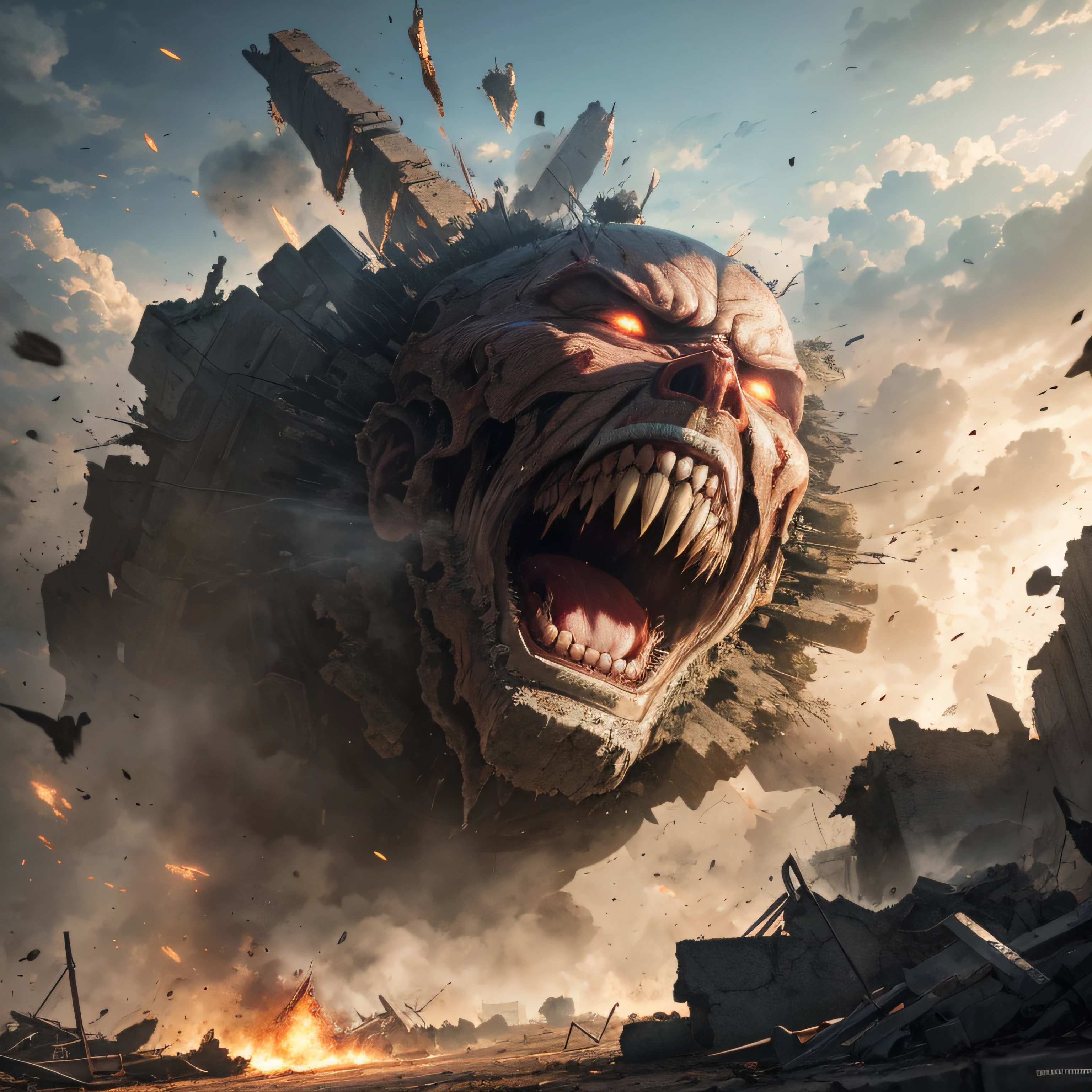 finest image, (8k, RAW photo, realistic), detailed and delicate depiction and flashy and dynamic painting method, fantasy, attack on Titan, full speed, destruction, ruins, despair