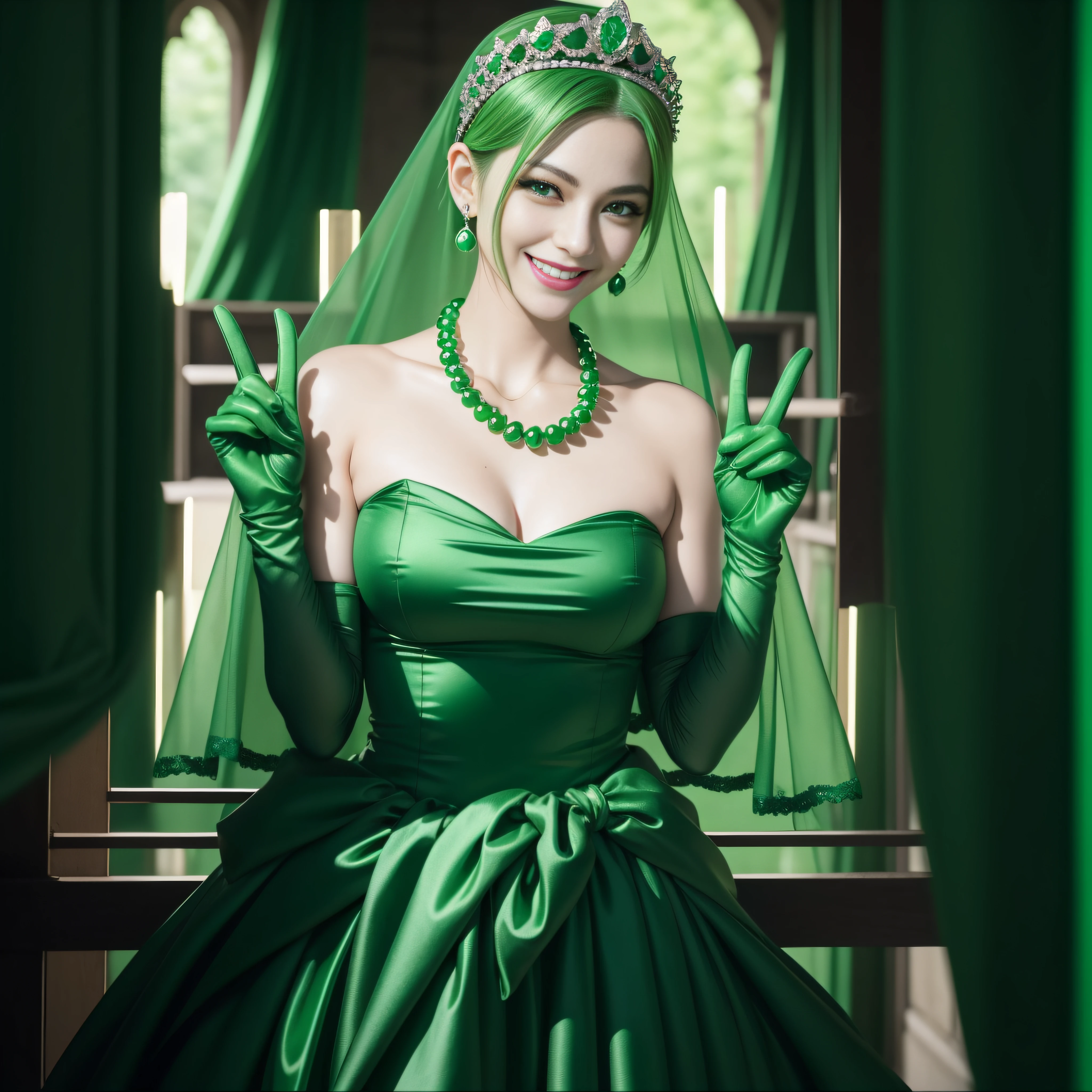 emerald tiara, Green Pearl Necklace, Boyish very short green hair, lipsticks, Japan woman smiling, very short short hair,  beautiful, Green eyes, Long green gloves made of satin material, Green eyes, v sign,V-sign with both hands, Emerald Earrings, Green hair