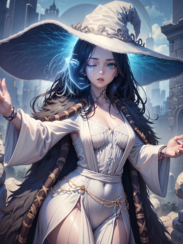 masterpiece, extremely detailed, 8k quality, Ranni from elden ring, four arms, beautiful, one eye, blue skin, white witch hat, white robe, fur cloak