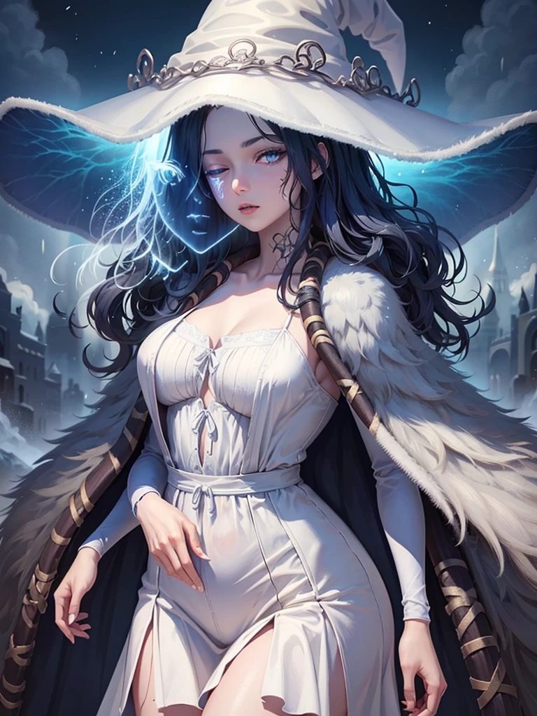 masterpiece, extremely detailed, 8k quality, Ranni from elden ring, four arms, beautiful, one eye, blue skin, white witch hat, white robe, fur cloak