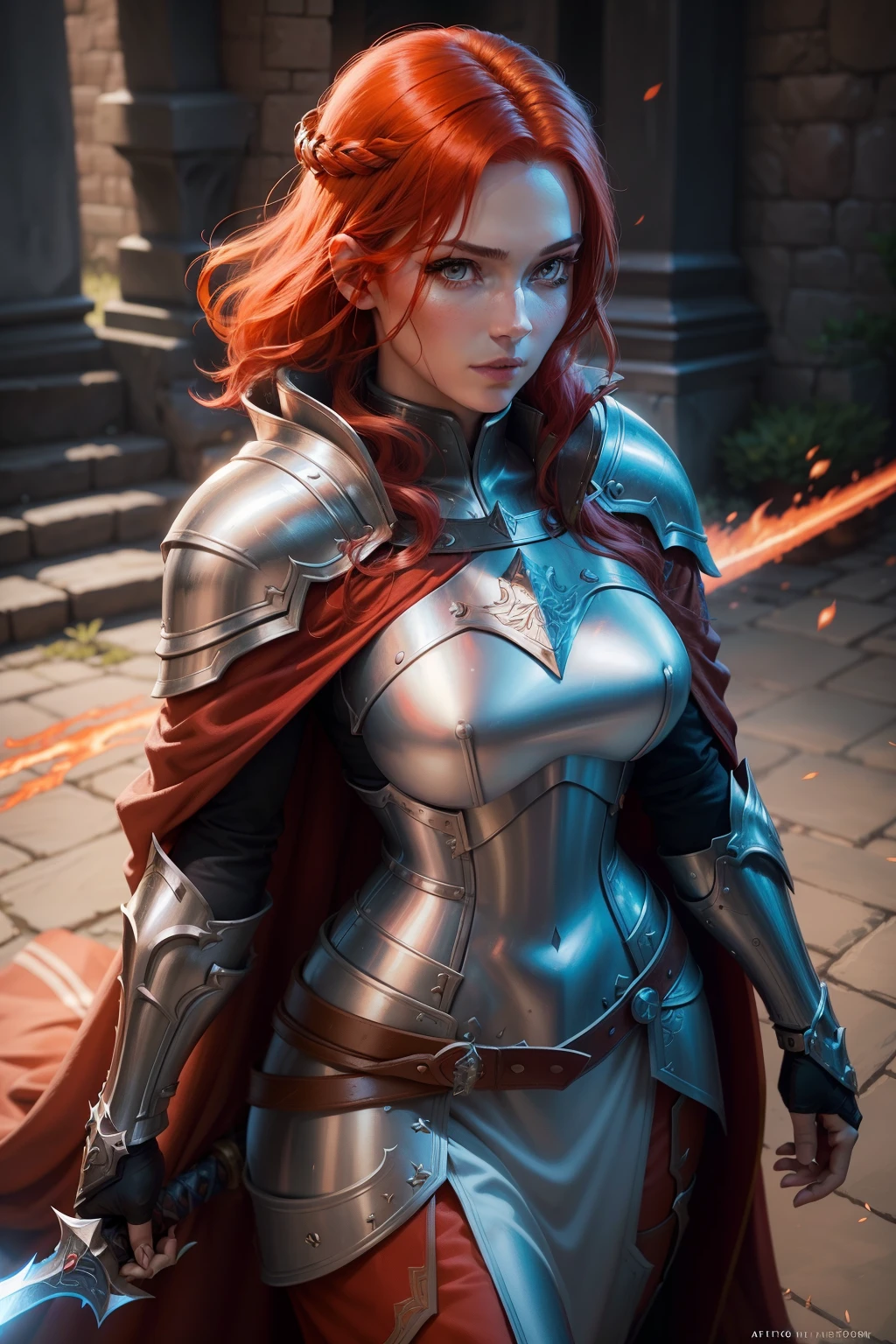 Close-up of woman with sword and cloak, red haired female warrior, Woman in red fire armor, Portrait of a female paladin, female fantasy paladin, Mistborn Steel Inquisitor, Female Priestess, valkyrie automotive girl, Aly Fell and Artgerm, Great illustration color, Paladin Girls, Cartoon Artgerm, red hat mage