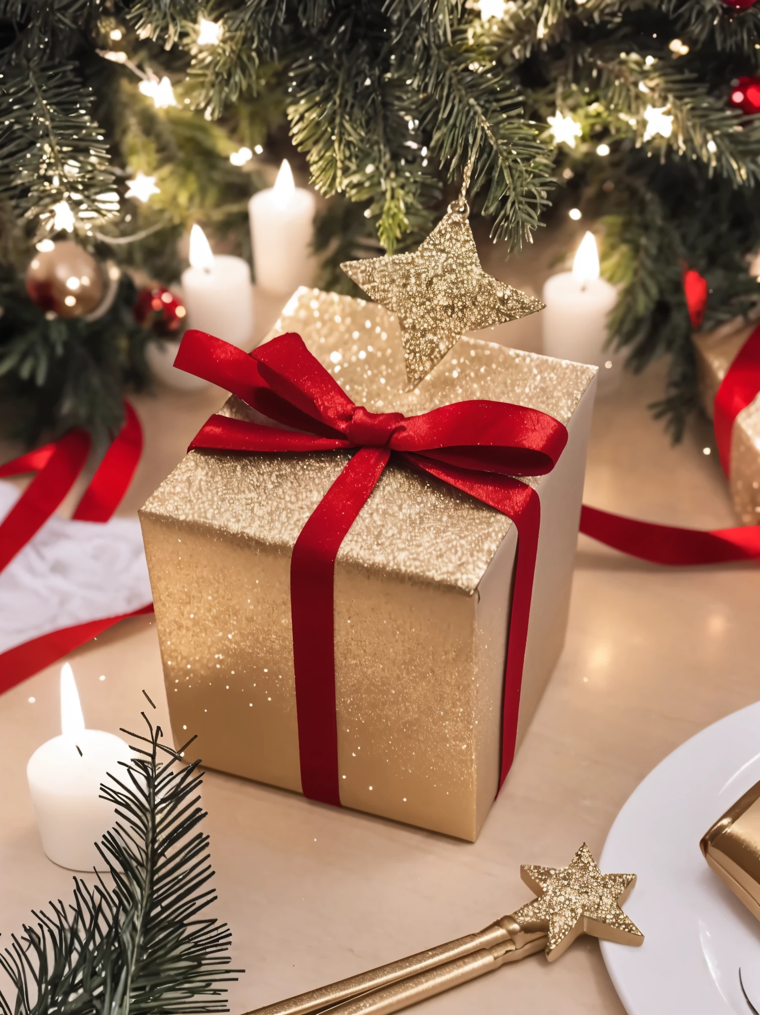 (best quality,4k,8k,highres,masterpiece:1.2),ultra-detailed,realistic,gifts,table,Christmas tree,decorations,wrapping ,bows,ribbon,presents,holiday spirit,vibrant colors,warm lighting,cozy atmosphere,toys,cards,candles,snowflakes,joyful,celebration,exquisite details,exciting surprises,shiny ornaments,sparkling tinsel,beautifully wrapped,excited children,anticipation,festive mood,magical ambiance,delightful moment,wonderful memories,family gathering,cheerful faces,Christmas magic,extravagant,abundance of presents,HDR,UHD,studio lighting,ultra-fine painting,sharp focus,physically-based rendering,professional,vivid colors,bokeh.