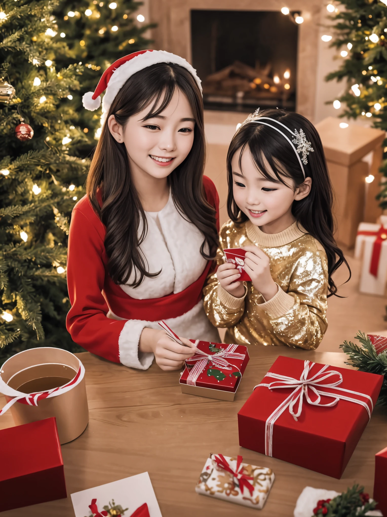 (best quality,4k,8k,highres,masterpiece:1.2),ultra-detailed,realistic,gifts,table,Christmas tree,decorations,wrapping ,bows,ribbon,presents,holiday spirit,vibrant colors,warm lighting,cozy atmosphere,toys,cards,candles,snowflakes,joyful,celebration,exquisite details,exciting surprises,shiny ornaments,sparkling tinsel,beautifully wrapped,excited children,anticipation,festive mood,magical ambiance,delightful moment,wonderful memories,family gathering,cheerful faces,Christmas magic,extravagant,abundance of presents,HDR,UHD,studio lighting,ultra-fine painting,sharp focus,physically-based rendering,professional,vivid colors,bokeh.