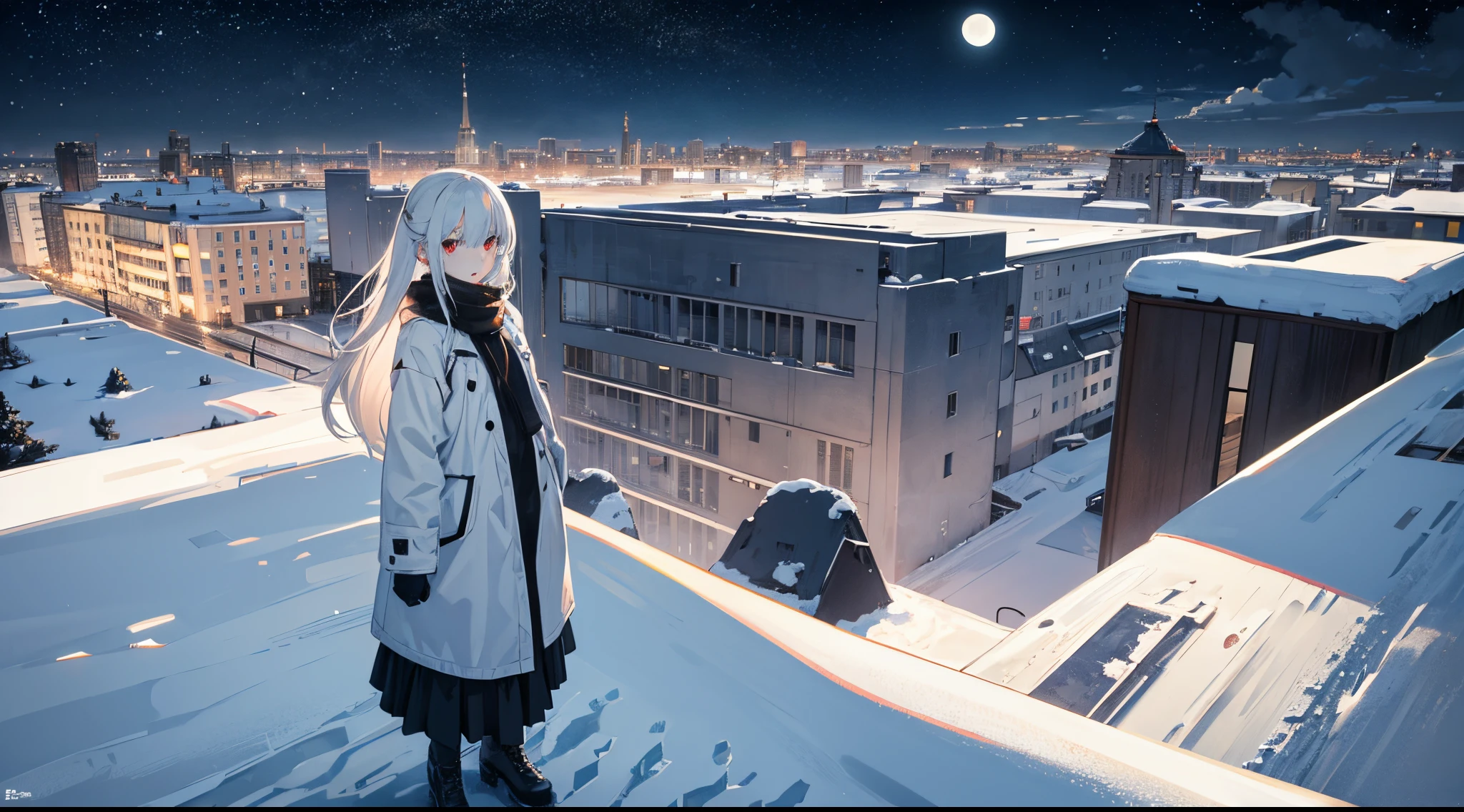 Post-Soviet Realistic Landscape, Snow, Gray Tones, Khrushchev Buildings, Night, Stars In The Sky, Moon In The Sky, Female Anime Character standing on the roof, white hair, cute face, red eyes, from above