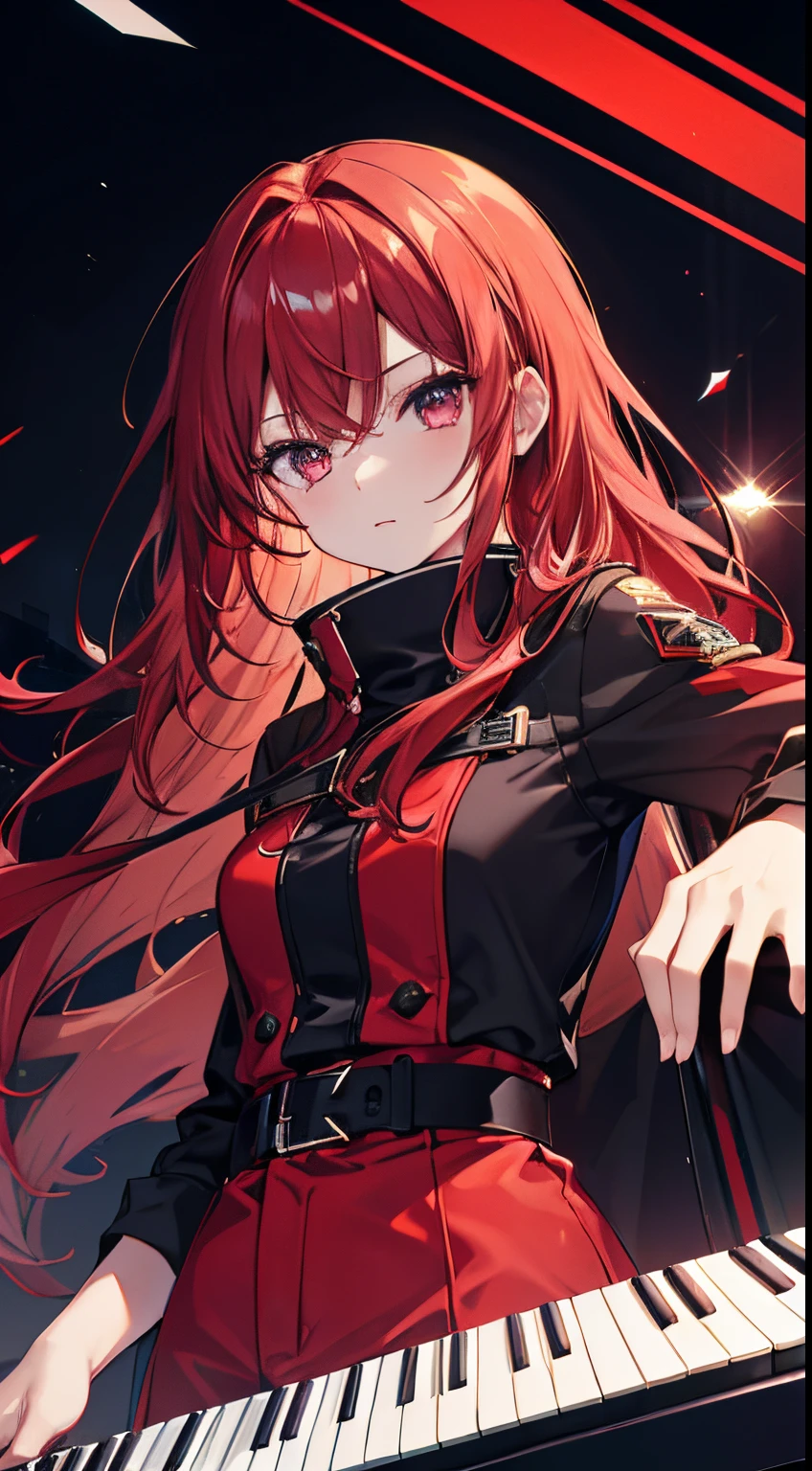Eyes detailed，fully body photo,one-girl,dark red colored hair，shiny coat，shiny red pants，黑The eye,（Play electronic keyboard），Superior image quality,Best quality