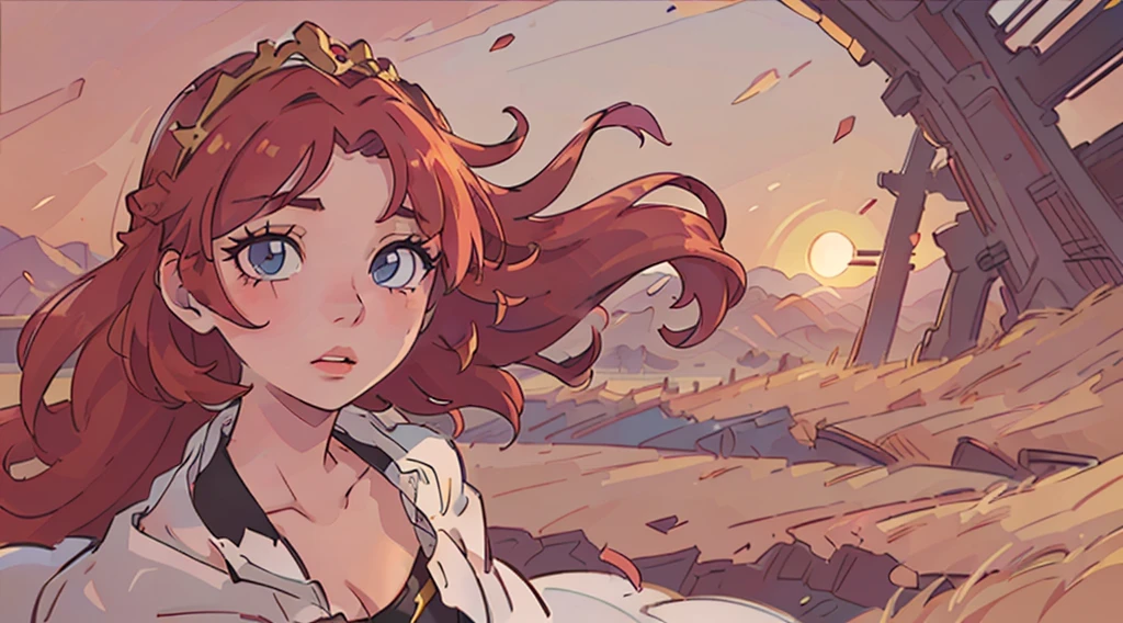 best quality,highres,ultra-detailed,desert landscape,beautiful detailed eyes,beautiful detailed lips,girl in a bikini with a skirt and underwear,extremely detailed eyes and face,long eyelashes,red hair,flowing and blowing in the wind,long hair with a tiara and hairpin,colorful sunset,soft golden light,photorealistic,bokeh. full body