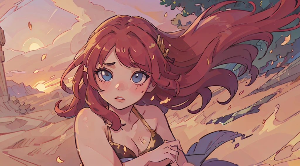 best quality,highres,ultra-detailed,desert landscape,beautiful detailed eyes,beautiful detailed lips,girl in a bikini with a skirt and underwear,extremely detailed eyes and face,long eyelashes,red hair,flowing and blowing in the wind,long hair with a tiara and hairpin,colorful sunset,soft golden light,photorealistic,bokeh. full body