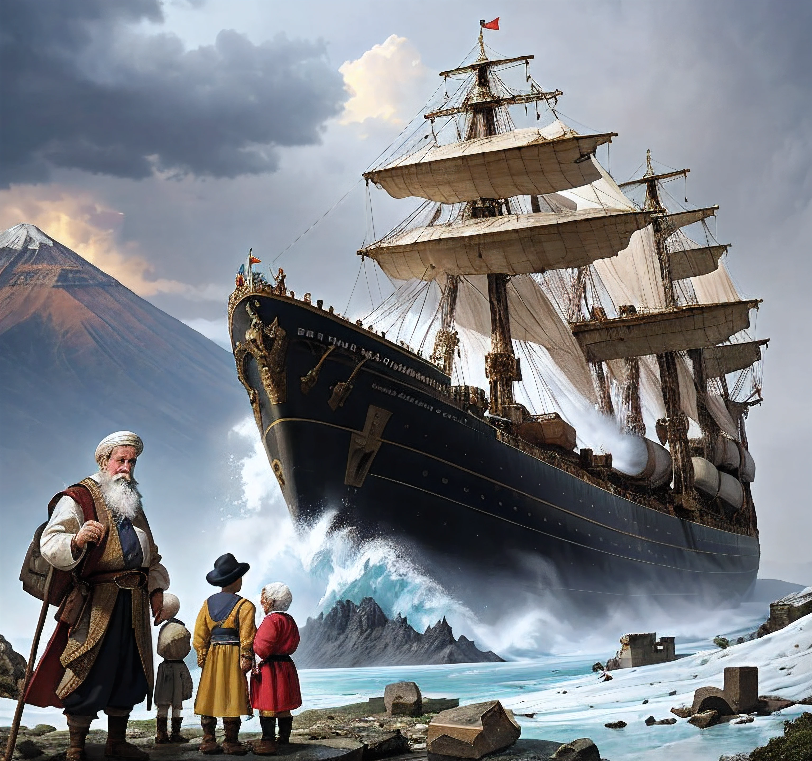Create an image depicting the biblical era scene of a big ship just landed on the mountains of Ararat after storm which destructed the whole world in Turkey. An old man with white beard, is instructing his three sons, Ham (Black skinned), Shem, and Japheth, to embark on separate journeys to different regions of the world.