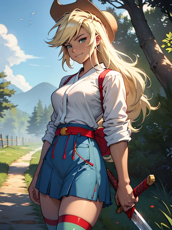 AppleJack, Applejack from my little pony, big breastes, Lush breasts, closed clothing, elastic breasts, exuberant hair, straight hair, red elastic band on the hair, toned body, brawn, samurai, kimono , smirk, serious face, Katana in hand, big iron katana, very long katana, emphasis on the sword, shiny sword, glitter sword, view from bottom, Foreshortening from the ground, fishnet stockings, apple hairpin, green red outfit, Red Belt, a lot of green and red, beste-Qualit, Very detailed, Japanese farm, the trees, Apple trees, cowboy hat