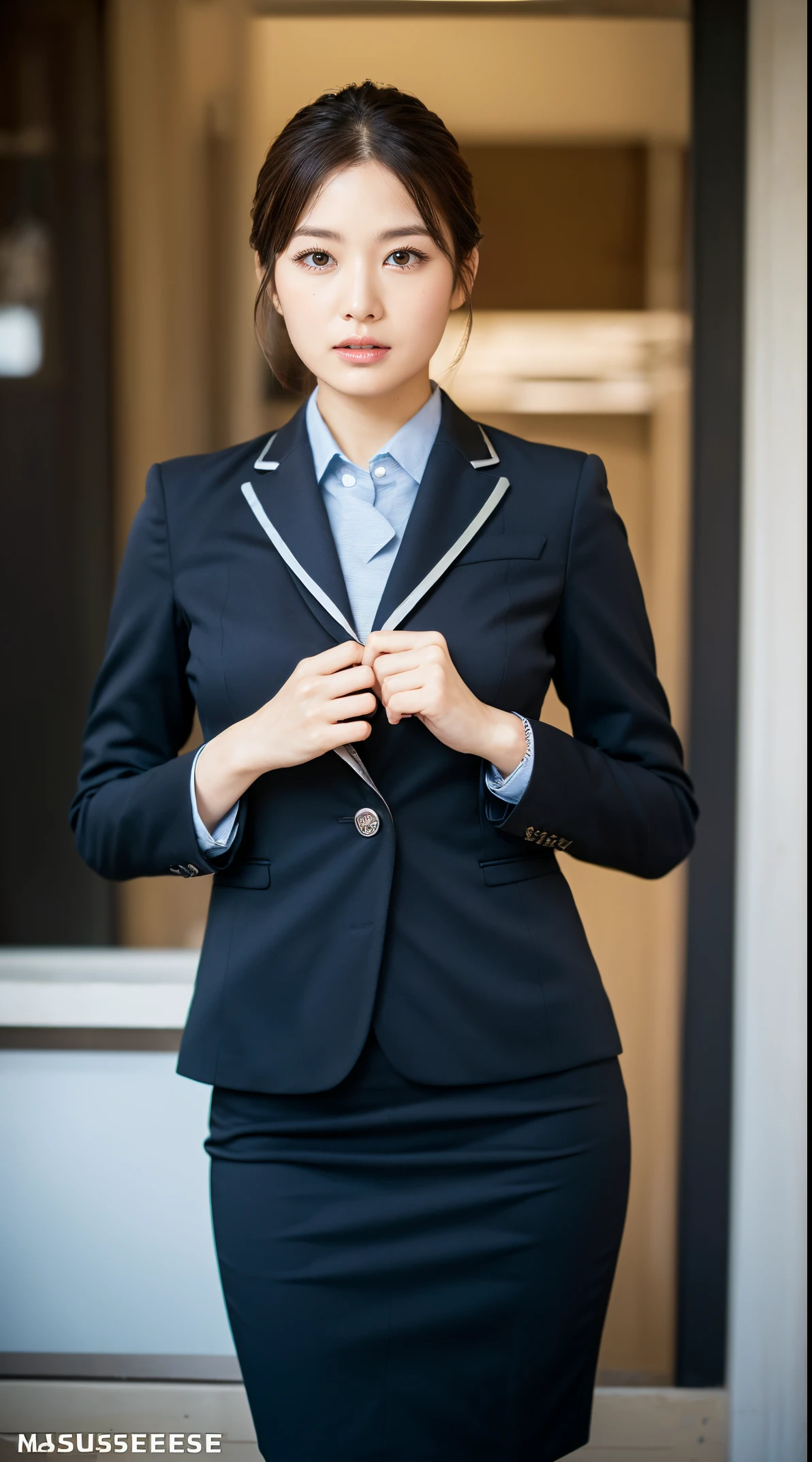 (masutepiece,High quality:1.3),(depth of fields:1.3) ,((front body:1.35)), Japanese ,Middle-aged woman,Chignon,Black Piece suit, collared shirt, Black pencil skirt,Huge breasts,(Looking at Viewer:1.3),(Full body:1.2),
