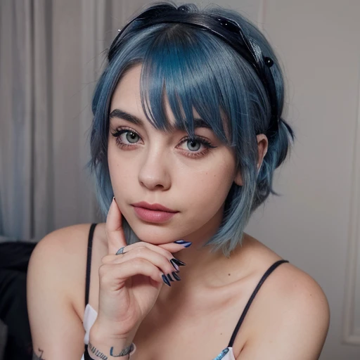 Billie Eilish, lipstick, eyeliner, eyeblush, cheekblush, pretty, cute, adorable, soft smile, fancy dress, blue hair, wolfcut hair medium
