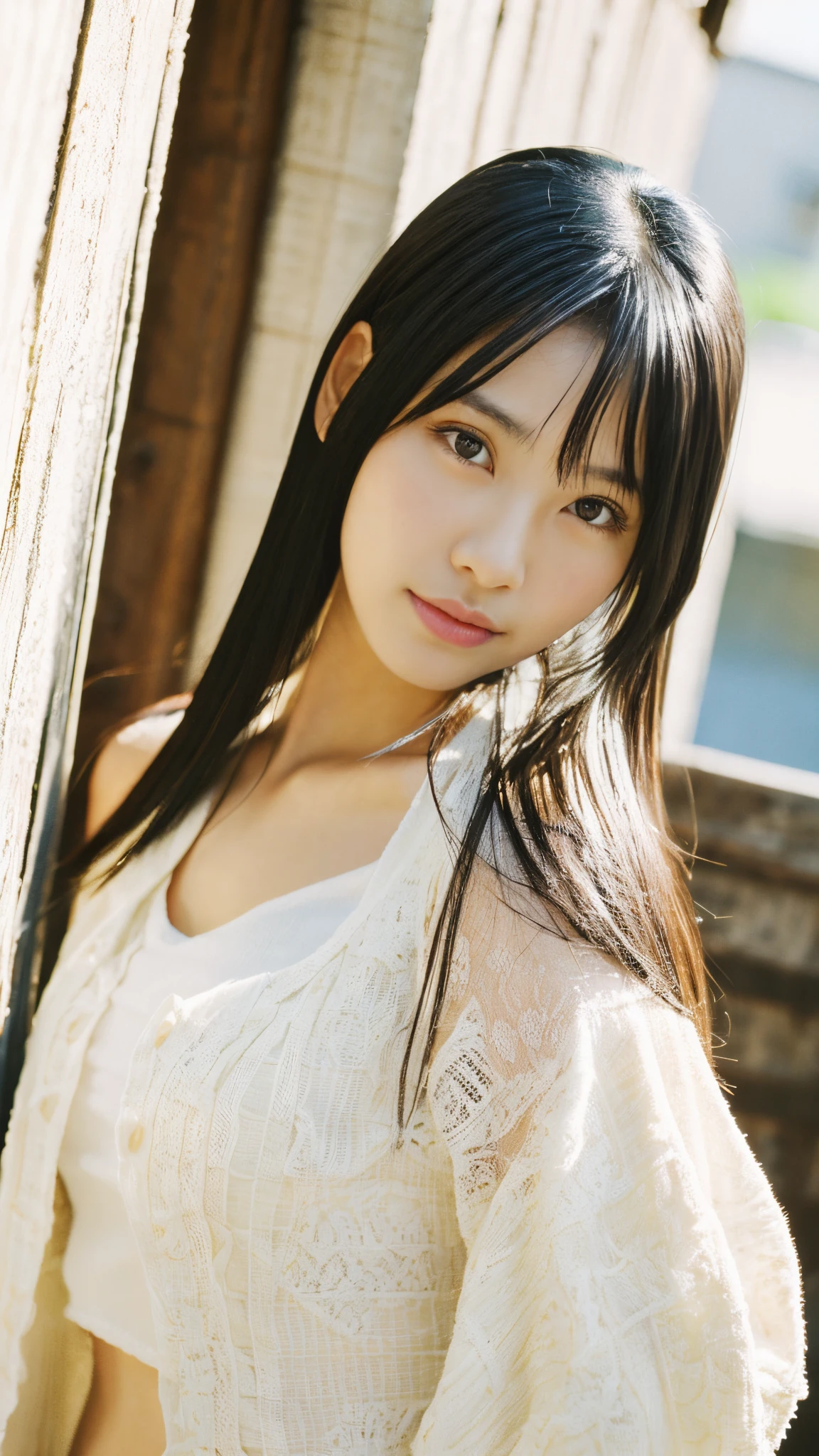 (beautiful japanese female)，(Black hair, Straight hair, The long-haired)，Slimed，Gravure Pose，Cowboy Shot，F/1.2, 35 mm, Fuji Film, Best Quality, masutepiece, Textured skin, Super Detail, 8K