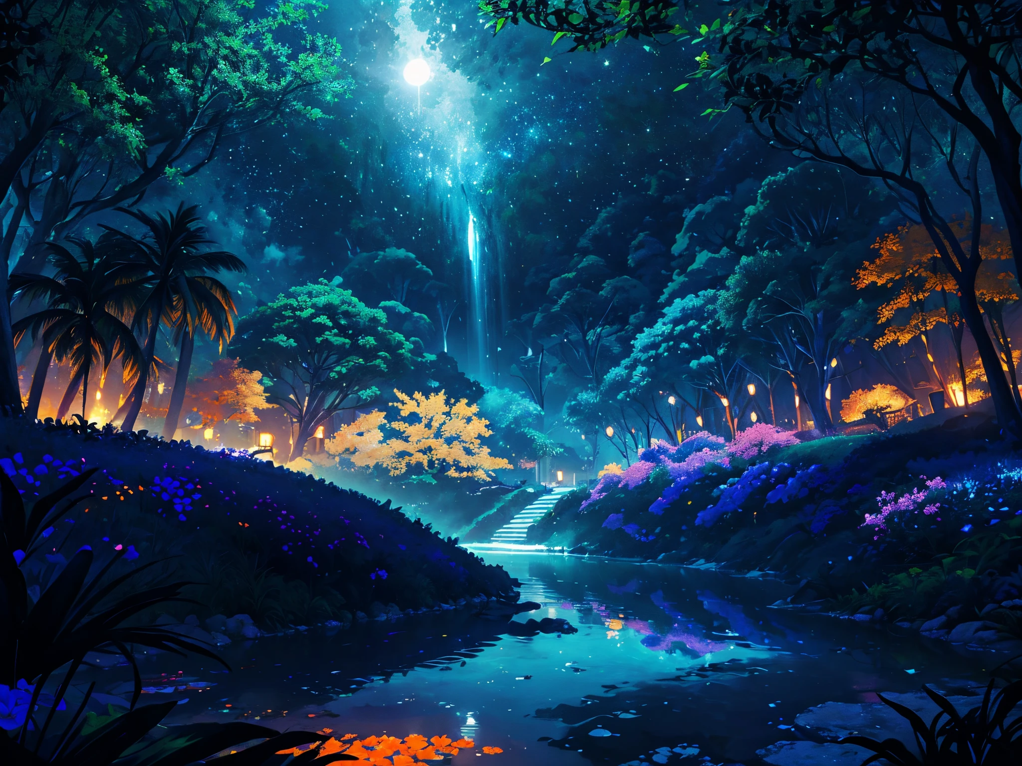 (lua cheia,Jardim,Branco,azul,preto,cinza,verde,laranja,Rosa) lua detalhada bonita, campo florido, cores vibrantes, incluindo branco, azul, preto, cinza, verde, laranja, e rosa (best quality, 4k, Altas, master part:1.2), folhagem ultra-detalhada, realistic lighting, contraste hipnotizante entre a lua e o ambiente circundante.