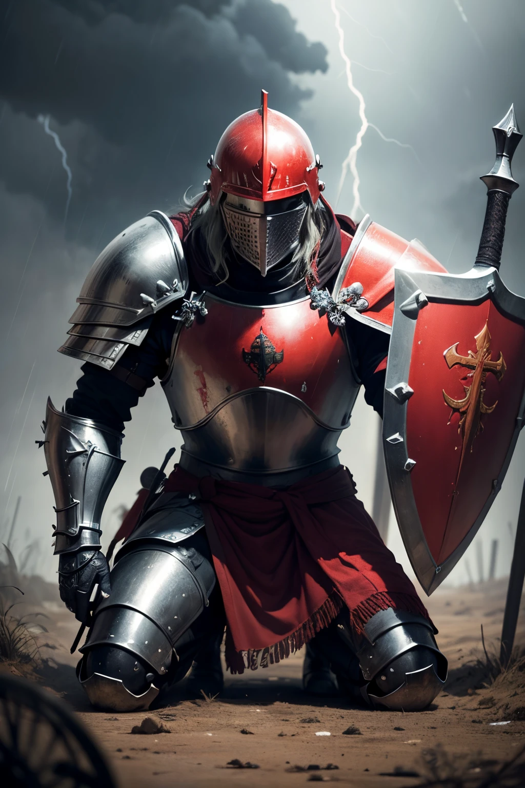 a knight with a sword and shield armored in red, holy crusader medieval knight, kneeling after battle, outside in a storm