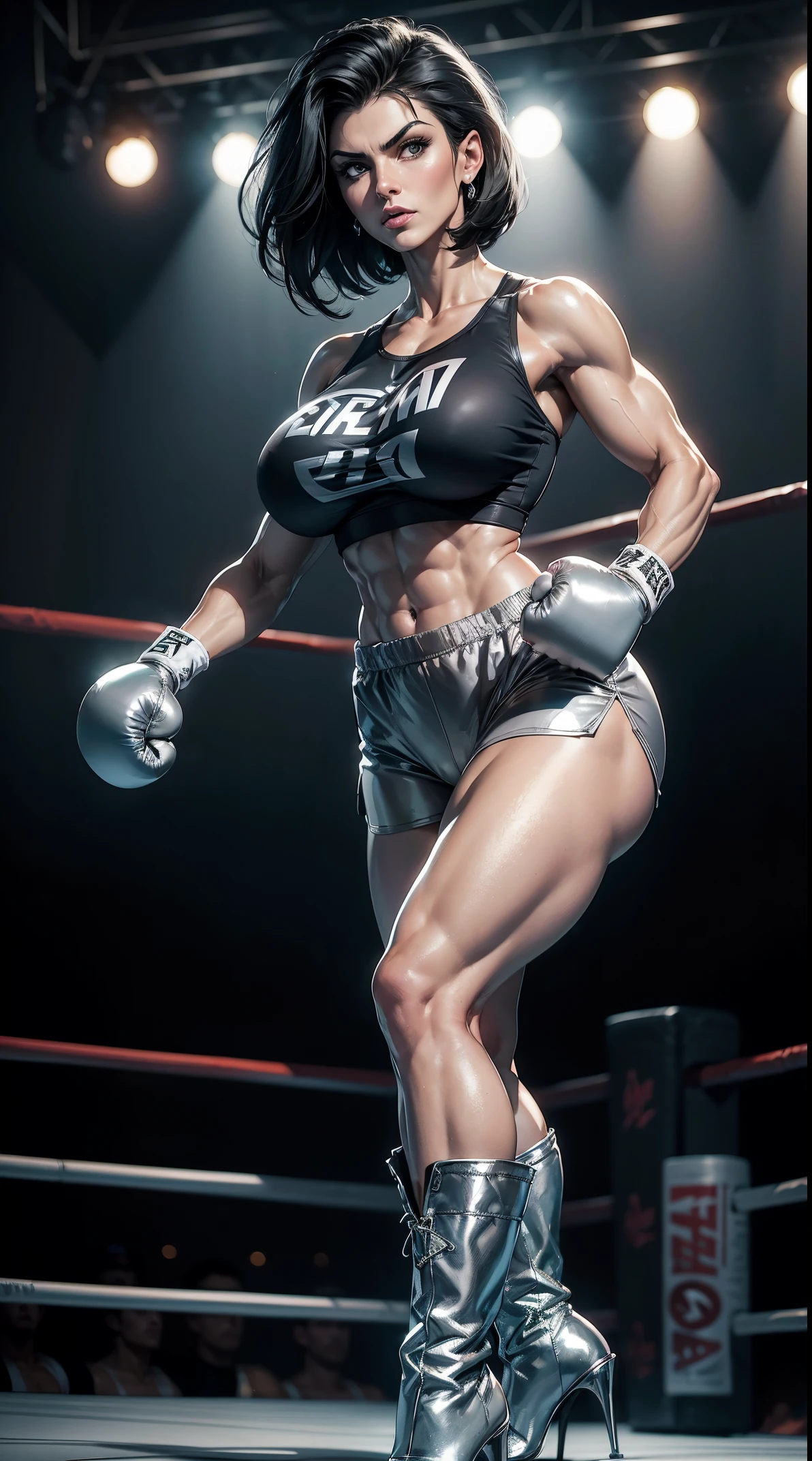 Highly detailed CG Unity 8k wallpaper, masterpiece, realistic, (A strong beautiful 27 year old British white woman with short thick blonde hair, wearing sunglasses, shoulder tattoo, she has a serious fierce expression, tight thong, black boxing gloves), ((topless:1.2, perfect breasts, nipples, NSFW, oiled body:1.3, sweaty body, glistening with sweat)), (IFBB bodybuilder physique, ripped abs), (private boxing ring:1.1), (full body)