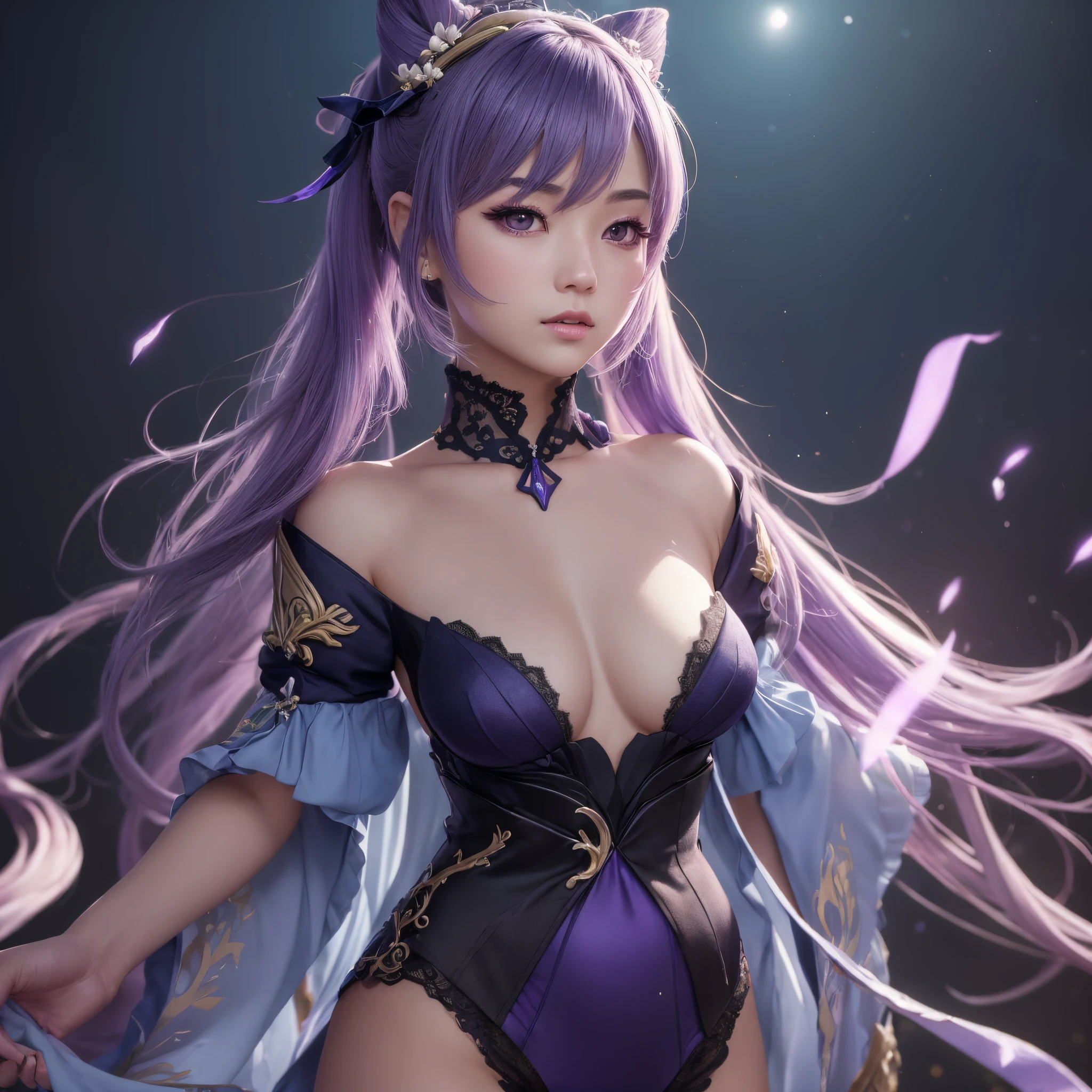 ((Genshin Impact)), ((Keqing)), ((Focus on the hips)), (black stockings wit lace top:1.2), traditional beauty, gorgeous chinese model, draped in purple and blue silk, with beautiful exoticism, purple hair, violet eyes, cat ears on top of head, By bicycle, soft fluffy soft landscape forest snowy avatar pastel pink sky green blue glitter ethereal light pastel pastel whimsical light rainbow stars diamonds sparkling gem background hyper realistic Ultra quality cinematic lighting Huge detail Full HD painting Well lit, from on the side, Masterpiece, Best Quality, Real Skin,(Portrait:1.5), 1girl, Long hair