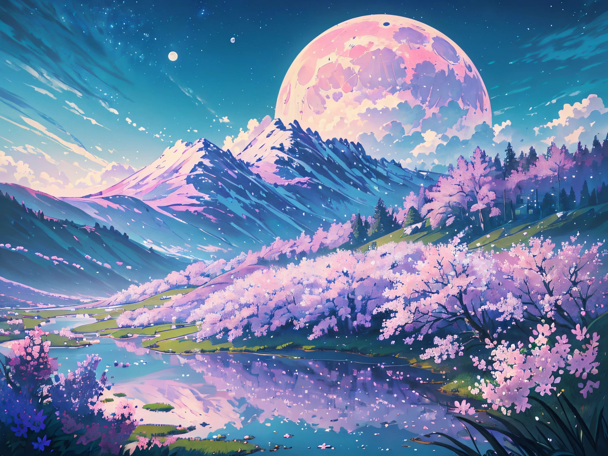 (best quality,4k,8k,highres,masterpiece:1.2),ultra-detailed,(realistic,photorealistic,photo-realistic:1.37),portrait landscape,beautiful detailed moon,beautiful detailed flowers,beautiful detailed colors,blue sky,white clouds,lilac flowers,pink flowers,purple flowers,green grass