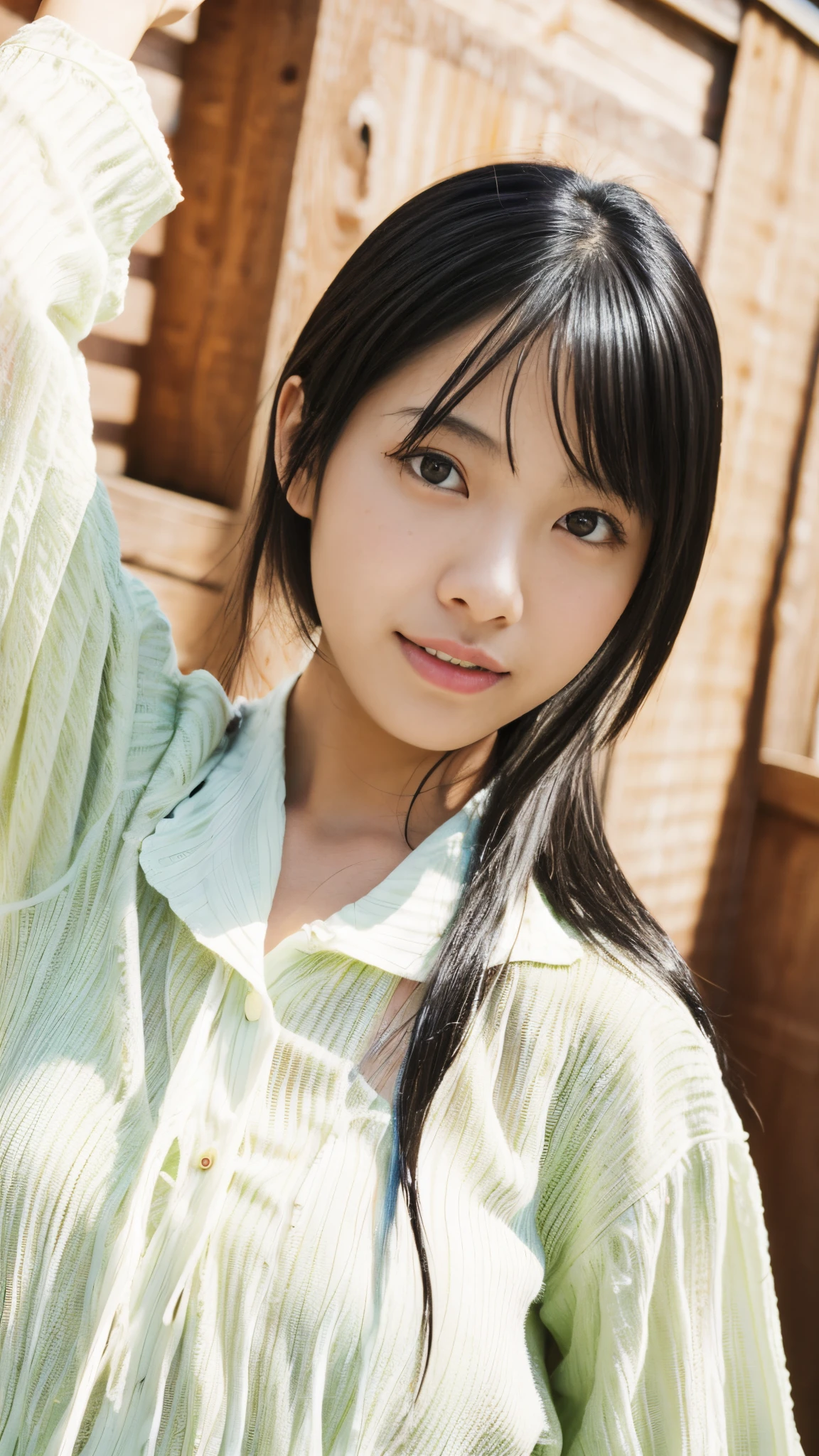 (beautiful japanese female)，Black hair, Straight hair, The long-haired，Slimed，Gravure Pose，Cowboy Shot，F/1.2, 35 mm, Fuji Film, Best Quality, masutepiece, Textured skin, Super Detail, 8K